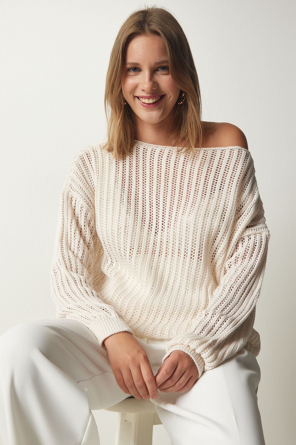 Women's Cream Kayak Yaka Occupational Knitwear Sweater YU00008