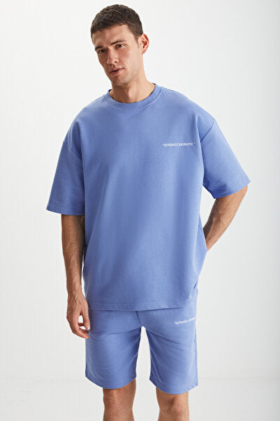 Colombia Men's 2-Piece Set Comfort Fit Relaxed Pattern Text Embroidered Blue Tracksuit Without Raising