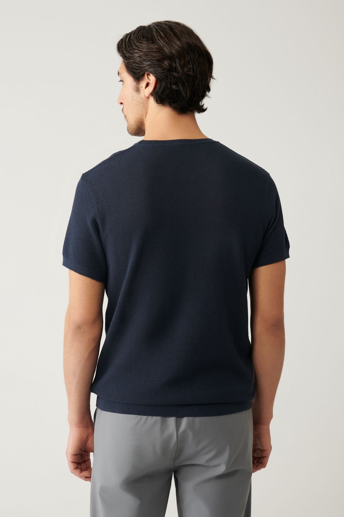Men's open navy blue bike collar textured cotton knitwear T-shirt E005027