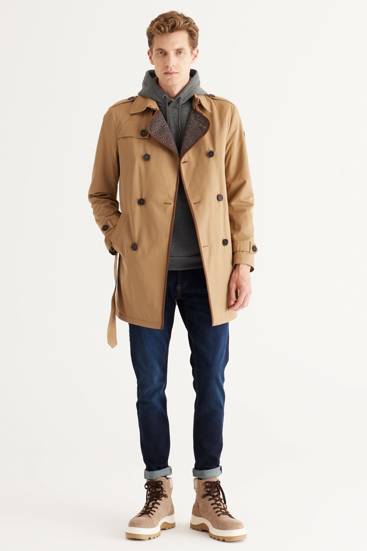 Men's beige standard fit normal cut shirt shirt collar cotton trench coat