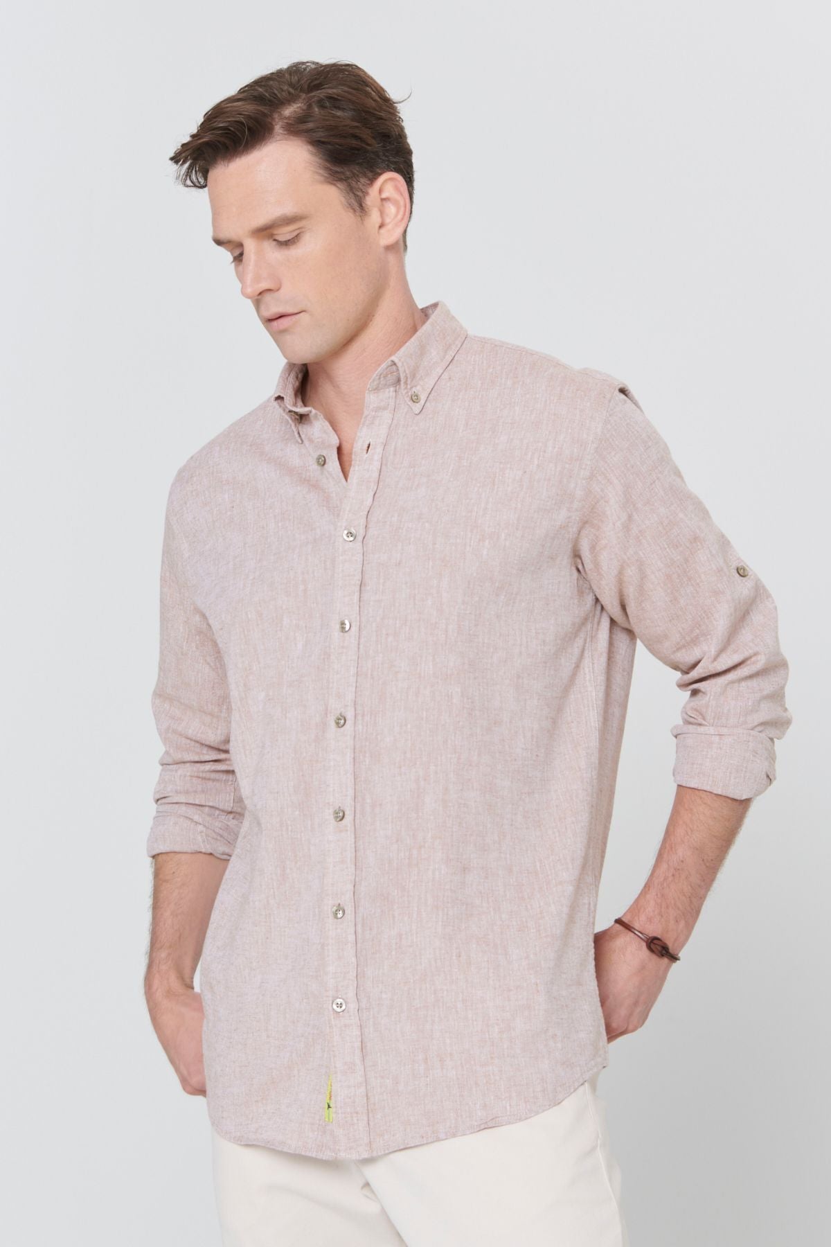 Men's Camel Linen Comfort Fit Casual Cutting Buttoned Neck Casual Shirt