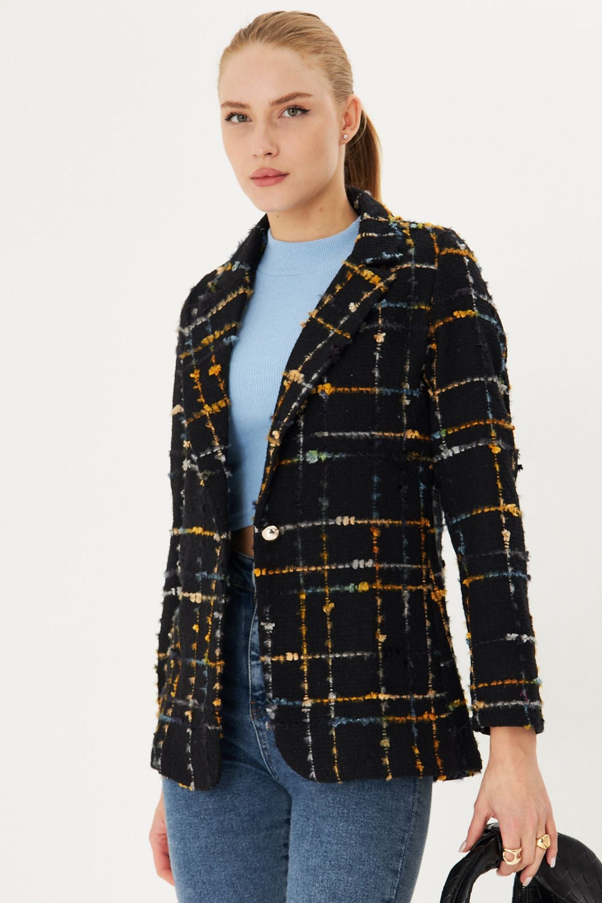 Female mustard tüvit fabric single button jacket ARM-25K001042