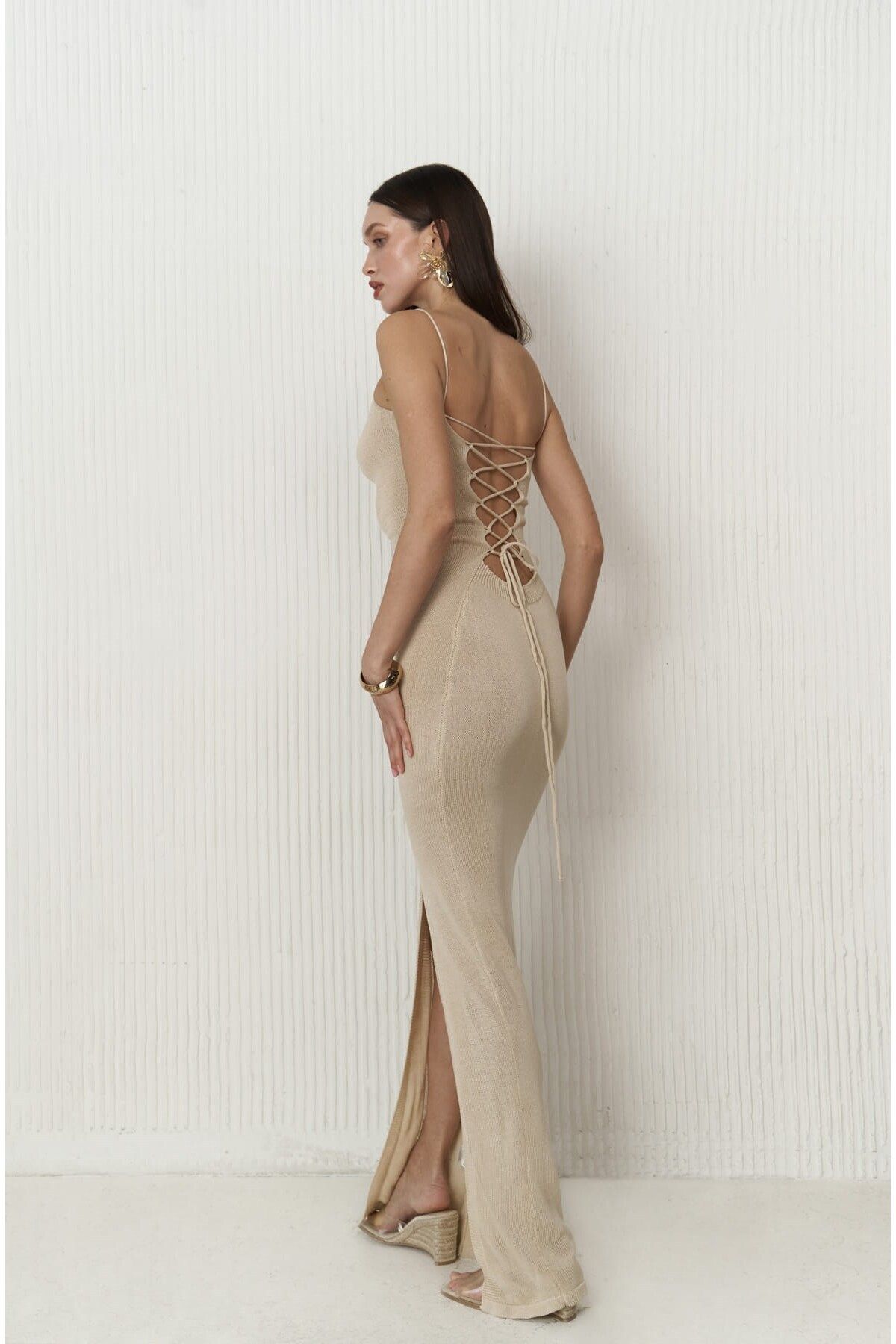 CINTIA BACK DEGELLED BEige knitwear dress