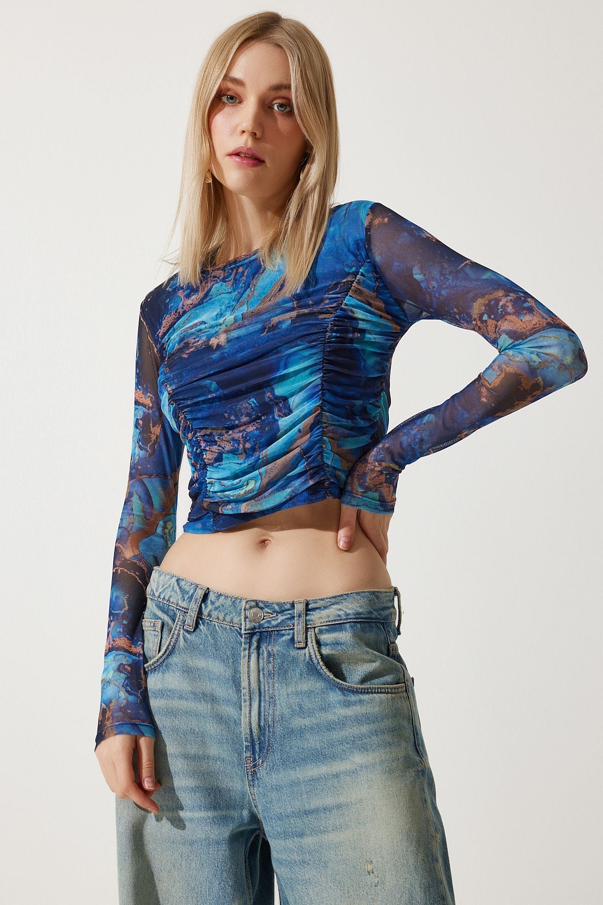 Woman Blue Light Transparent Crop Tulle Knitting Blouse AN00194