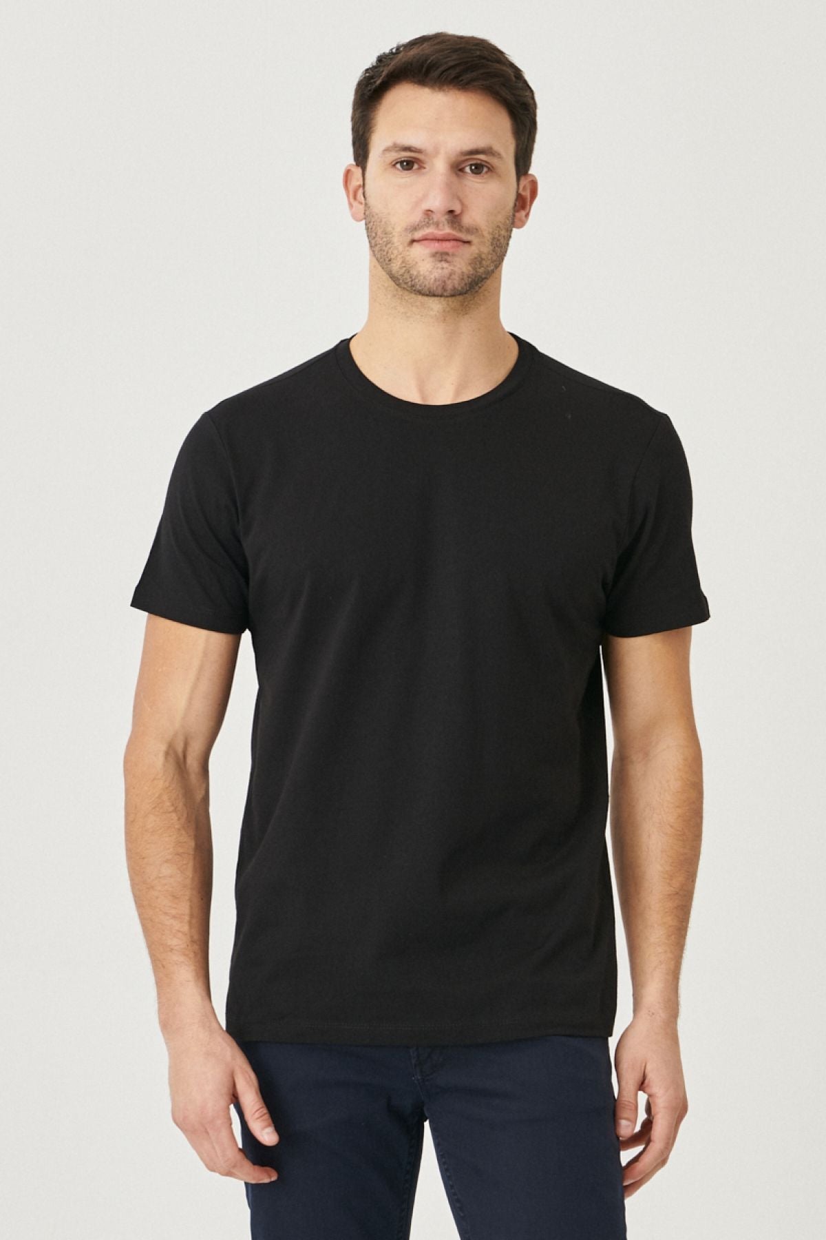 Men's Black-Black 2 Plot Slim Fit Narrow Cut Cotton Basic T-shirt