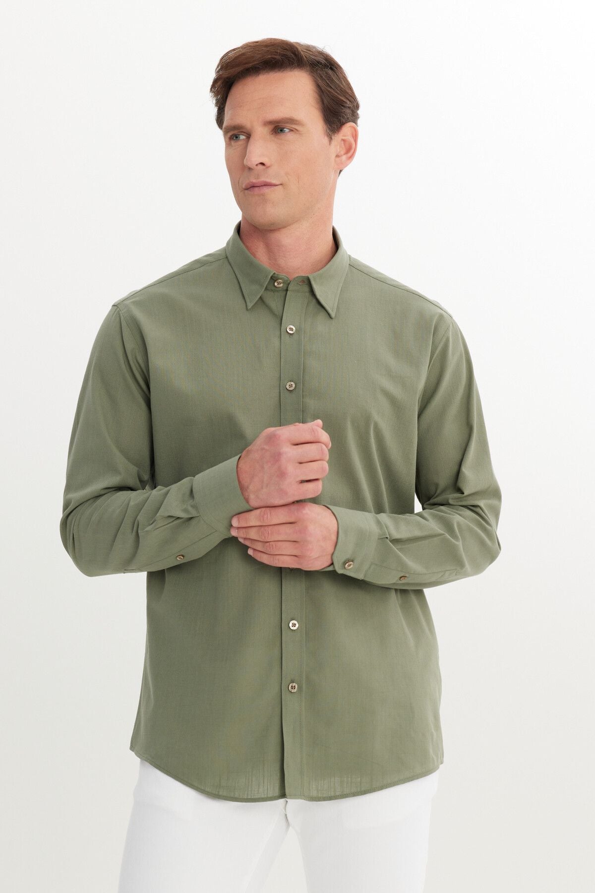 Men's Khaki Comfort Fit Casual Cut Hidden button collar 100 %cotton pennant shirt