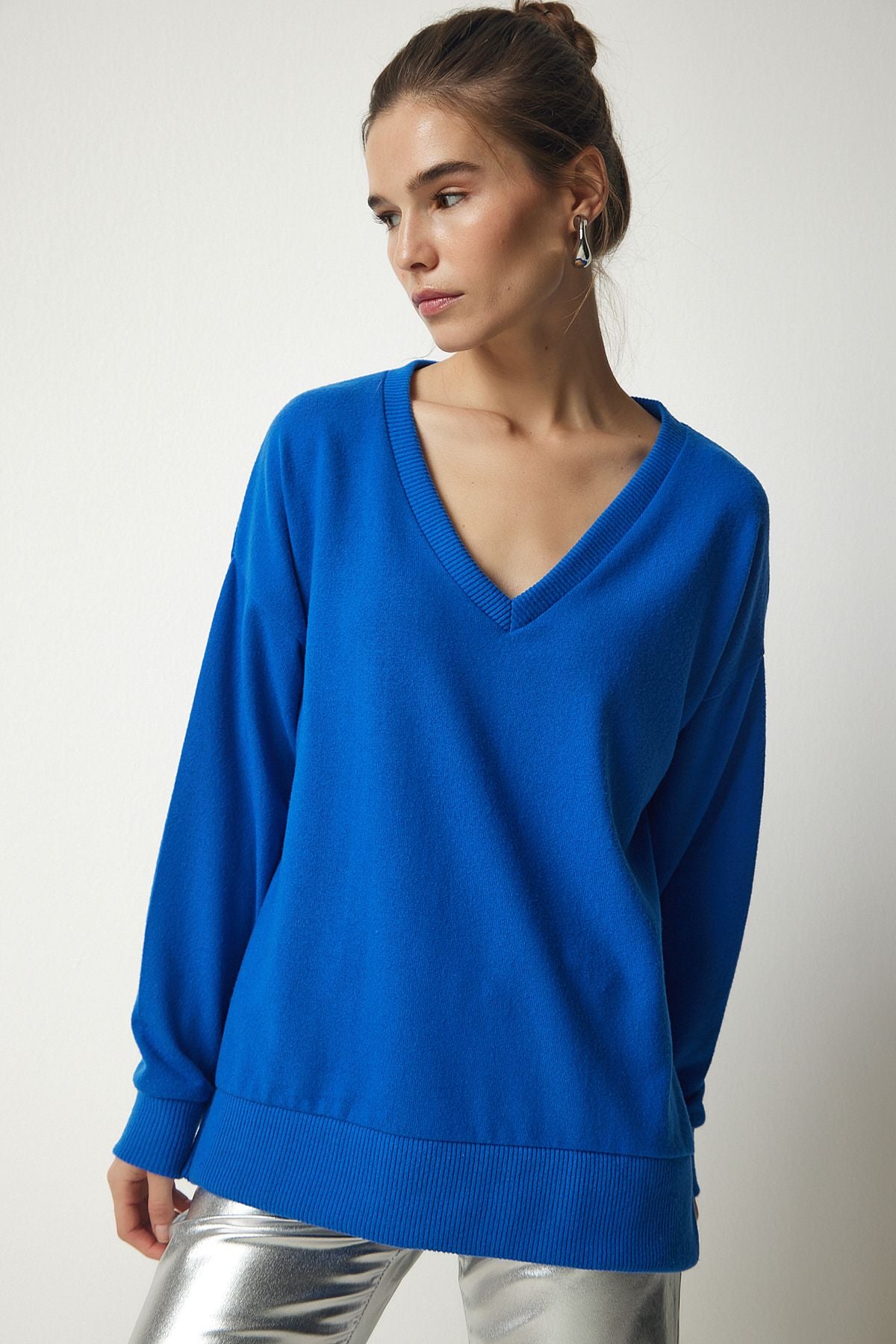 Woman Cobalt Blue V Yaka Yumoş Knitting Sweater UB00197