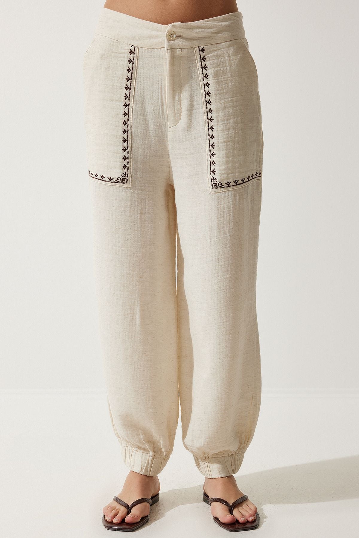 Women's Cream Embroidery Detailed Müslin Pants SF00019