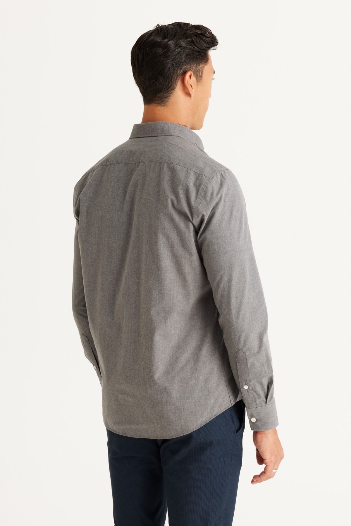 Men's gray slim fit narrow cut hidden button collar shirt