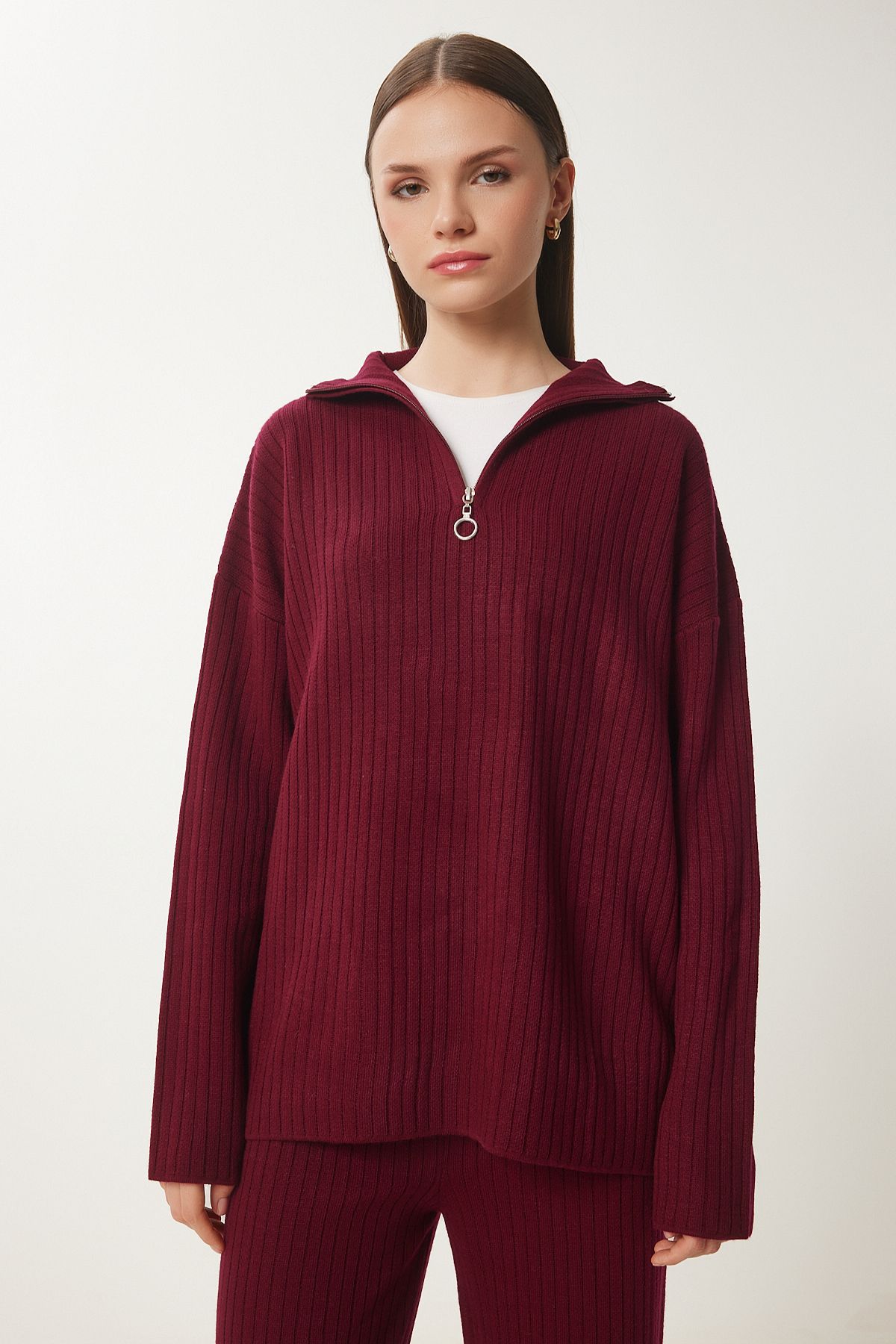 Female Bordeaux Zippered Cry Sweater Pants Set PF00105