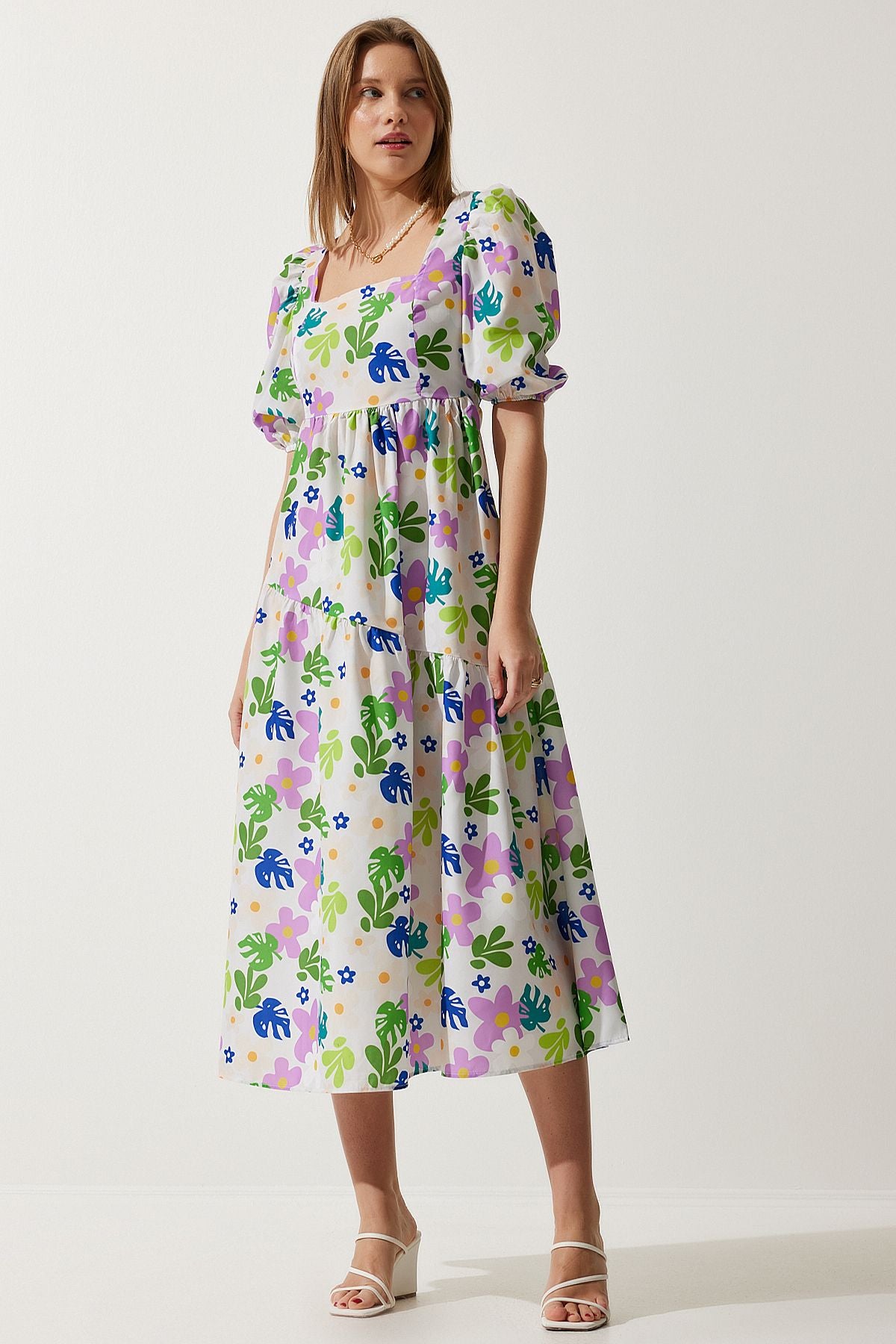Women's Cream Green Patterned Square Collar Poplin Dress FN03178