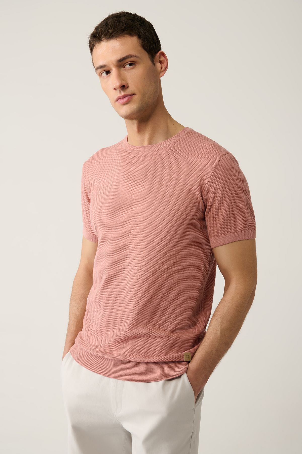 Men's salmon knitwear t-shirt bike collar textured cotton regular fit E005027