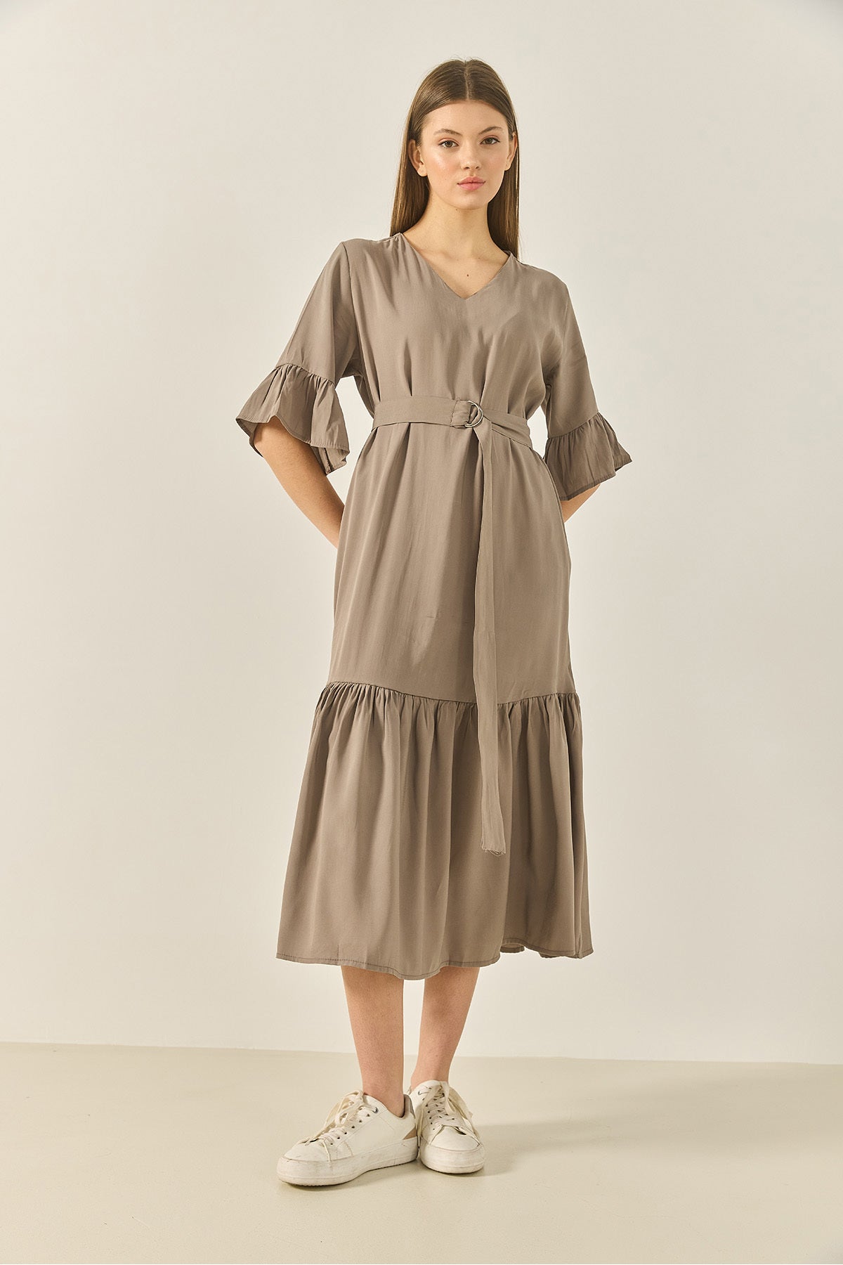 Women's V-Neck Pocket Belted Skirt Flounce Detailed Casual Dress 8406 60283256