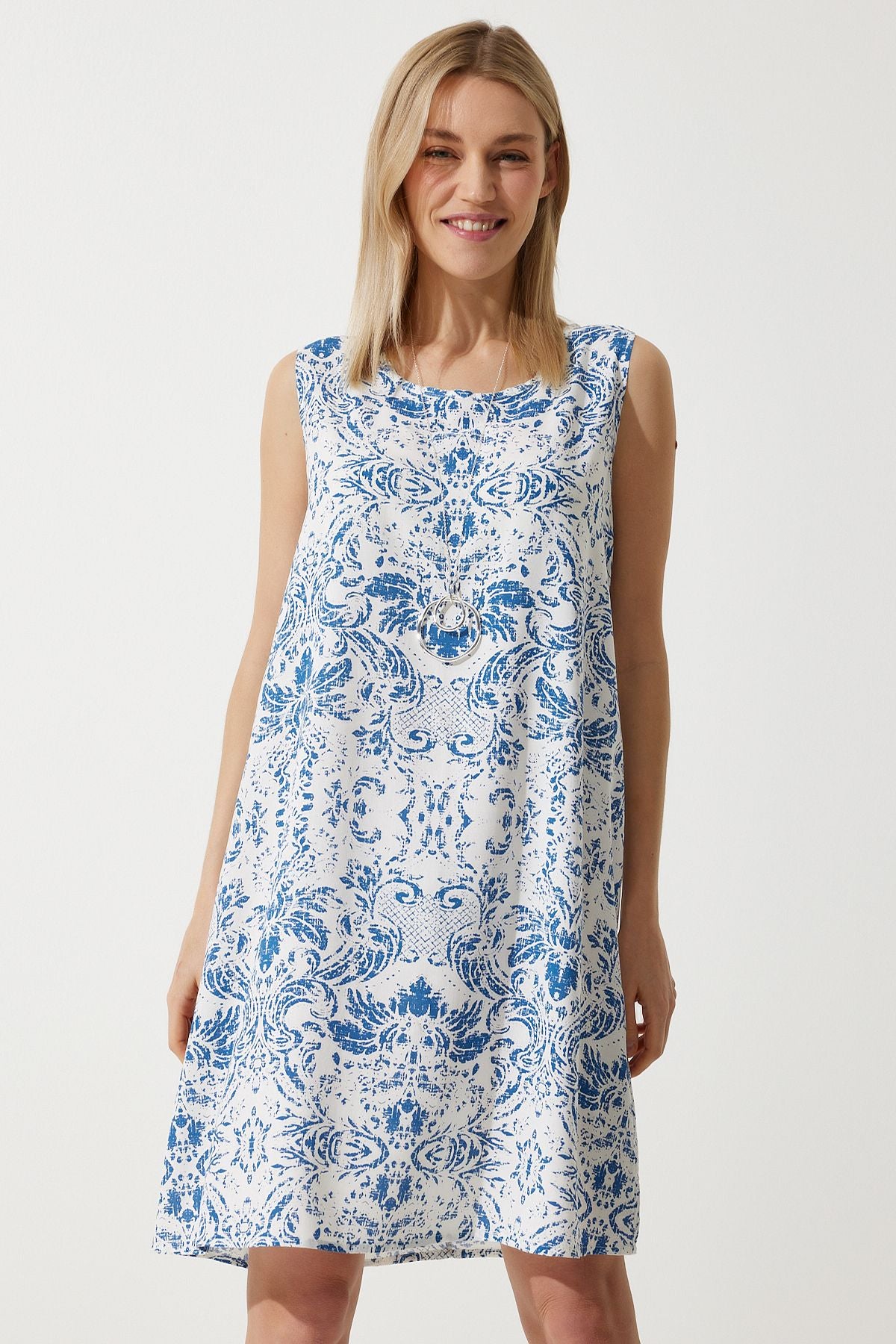 Female blue white patterned linen viscose mini dress BH00343