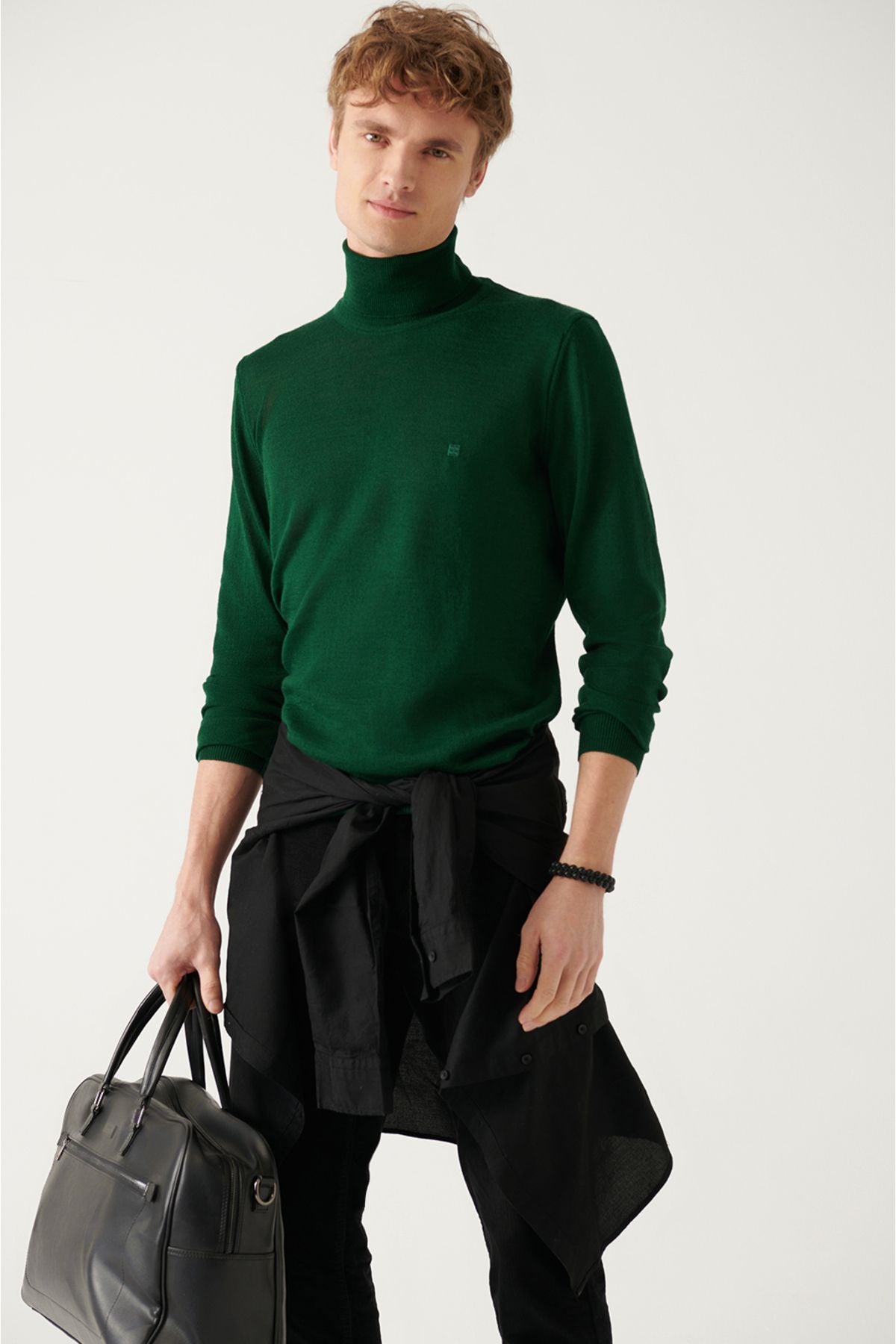 Men's green full fisherman collar wool mixed knitwear sweater E005014