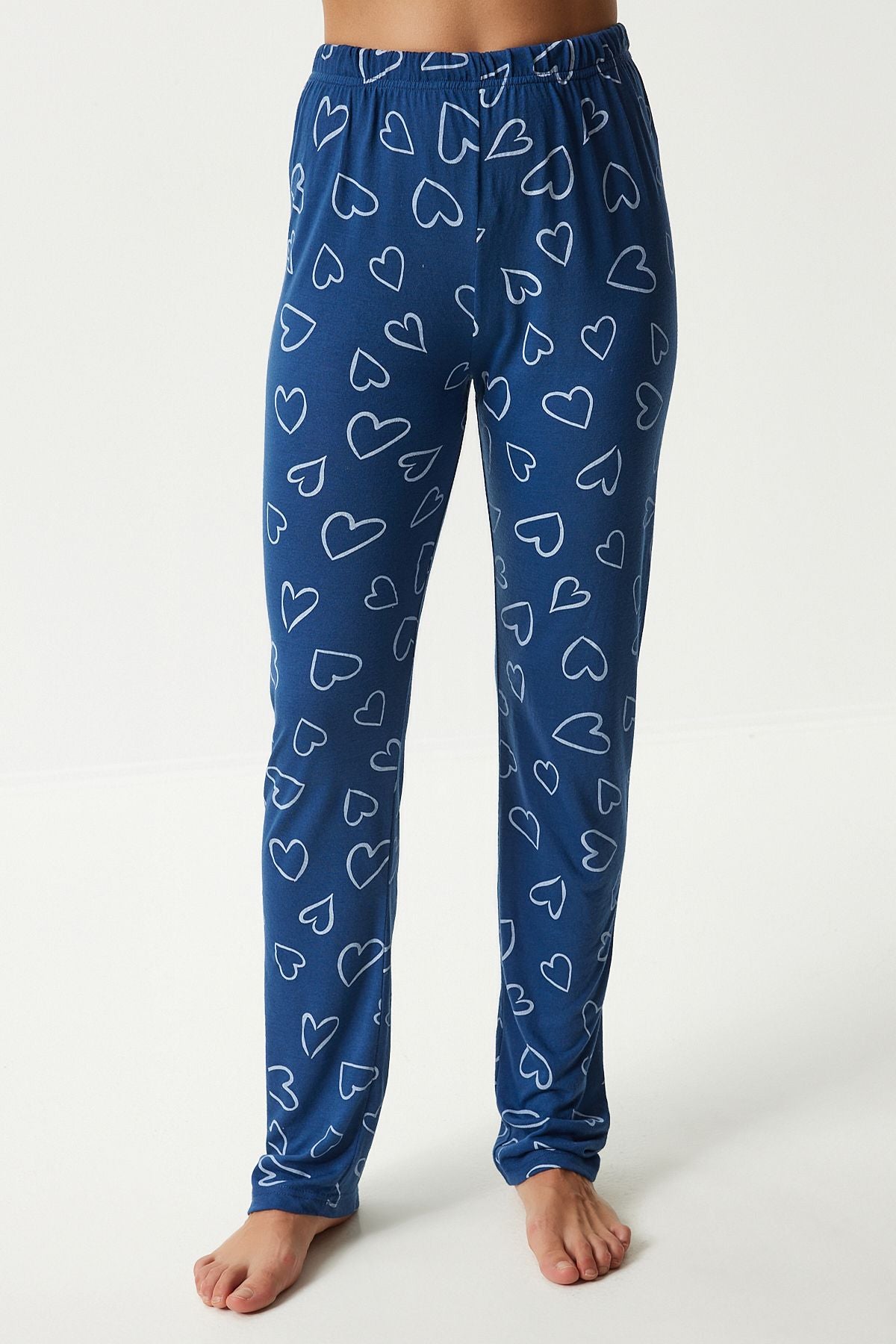 Female navy blue patterned viscose pants T-shirt pajama set EC00046