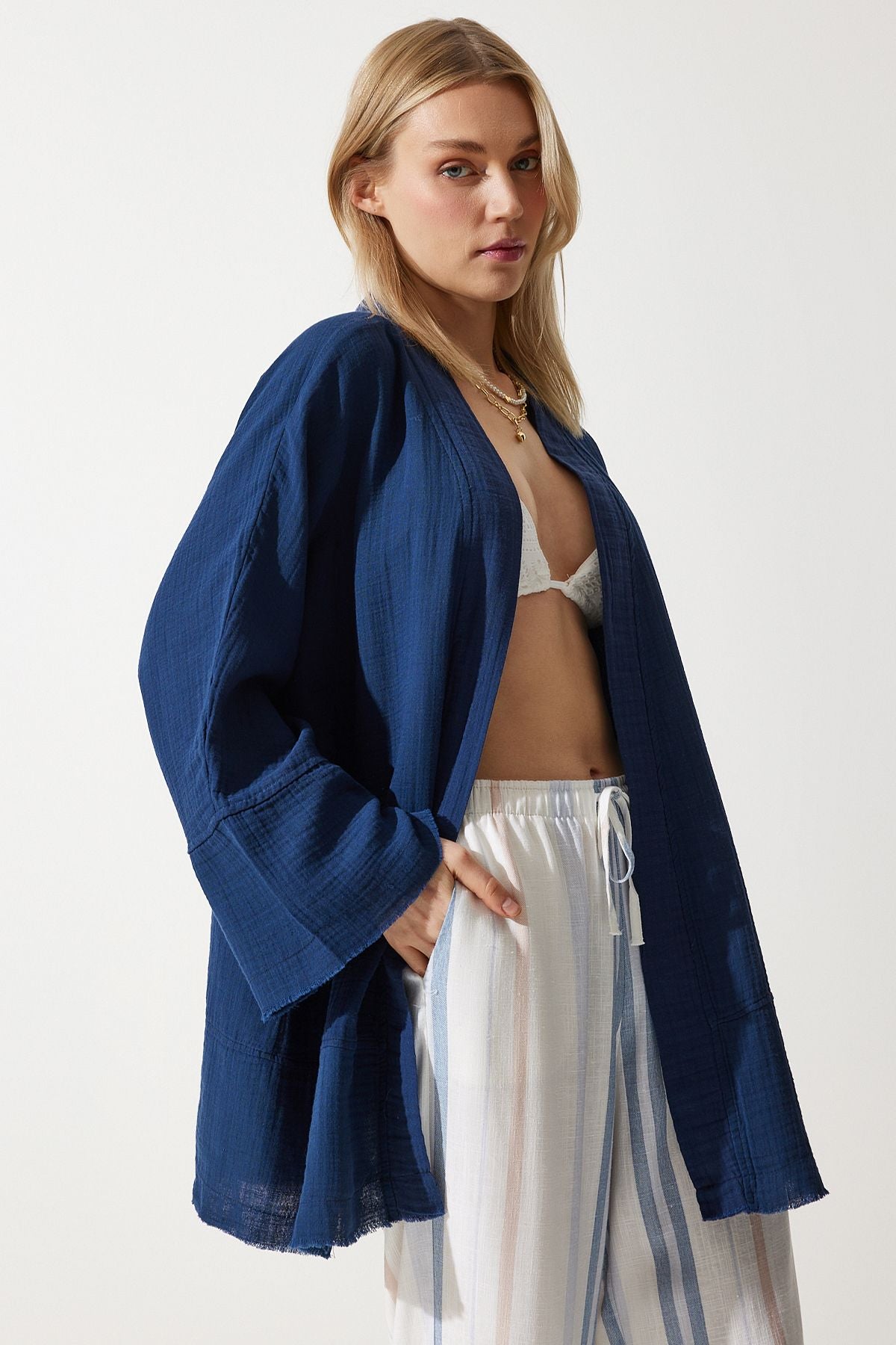 Women's Navy Blue Flower Detail Premium Muslin Kimono RG00030