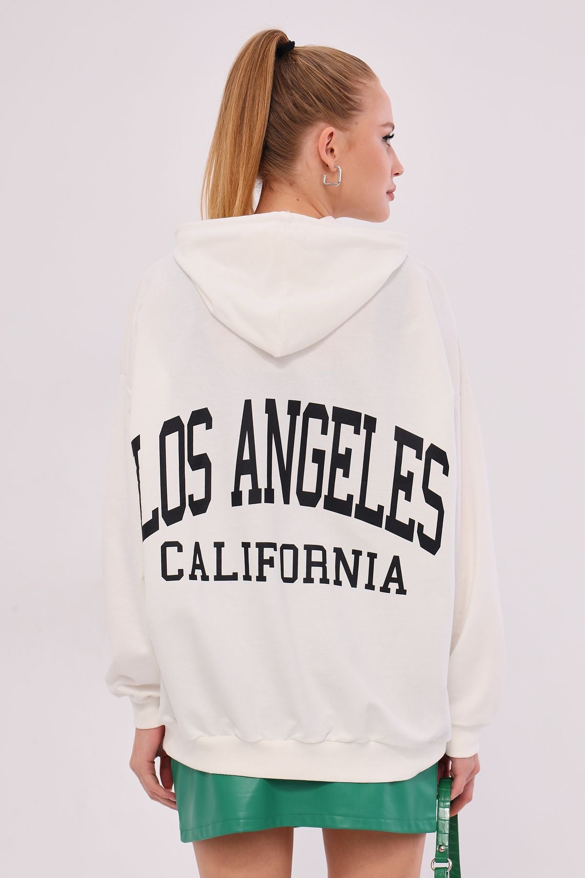 Woman White Los Angeles Printed Hooded Oversize Sweatshirt ARM-25K001026