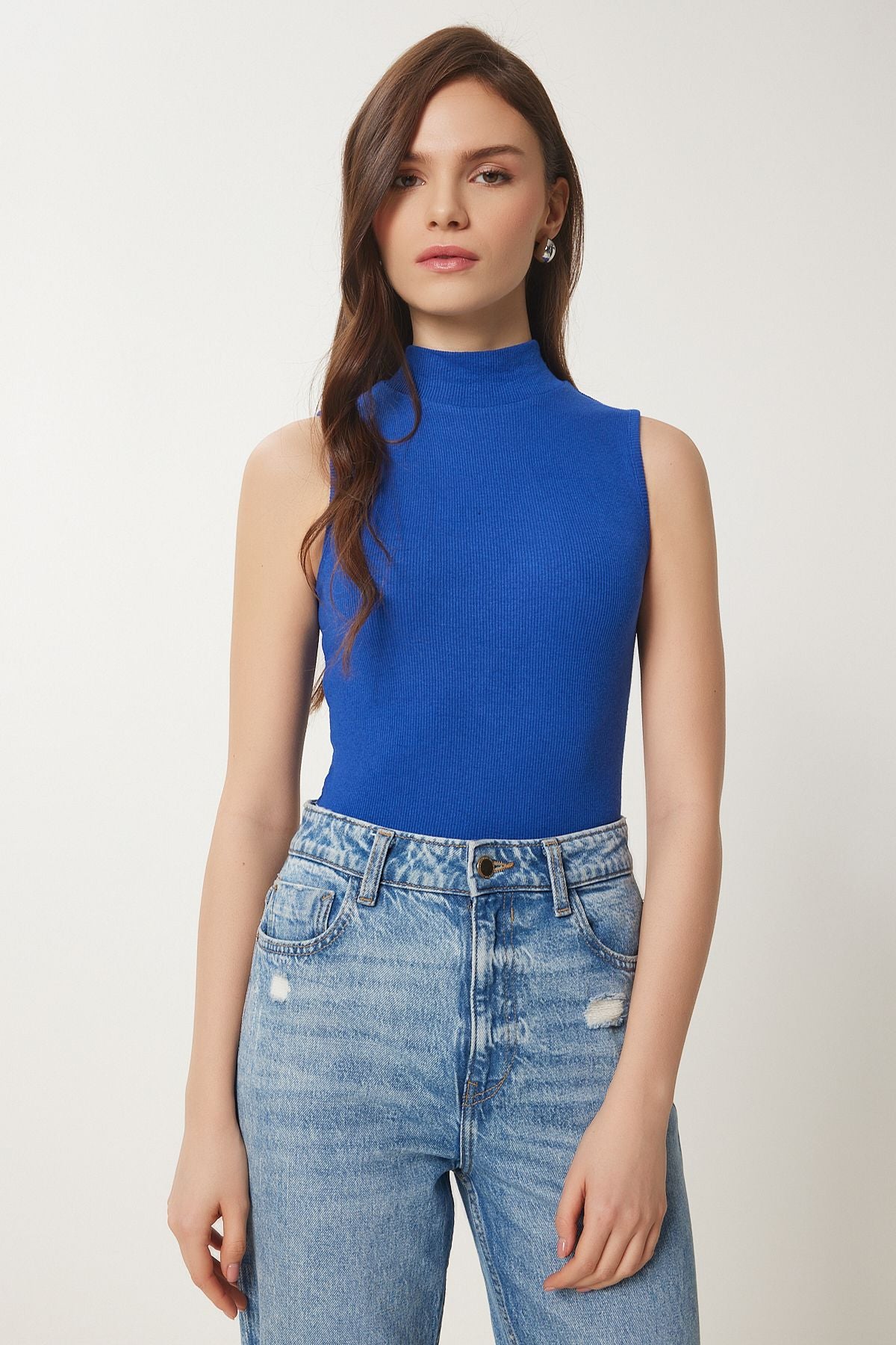 Woman Dark Blue Turtle Cotton Knitting Blouse GT00004