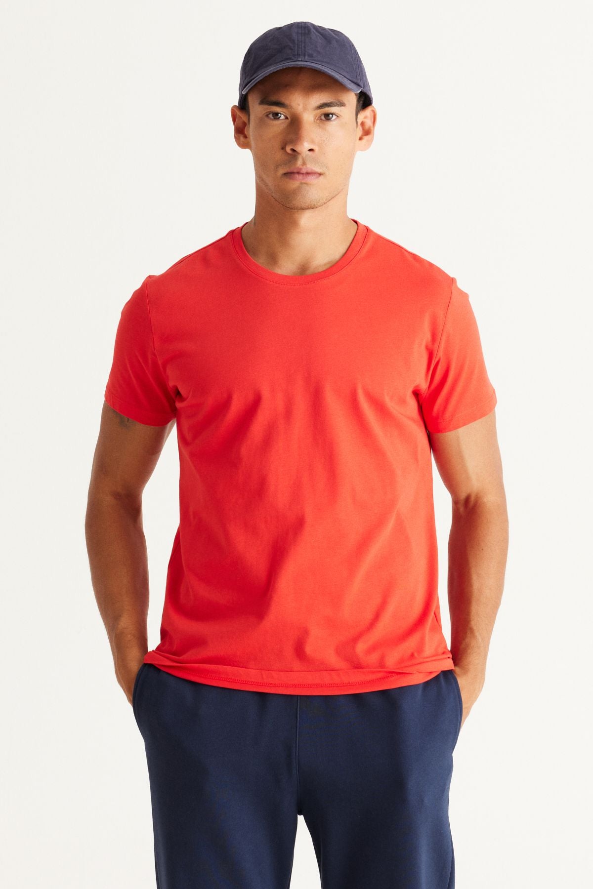 Men's Red-White 2 Plot Slim Fit Narrow Cutter Cotton Basic T-shirt