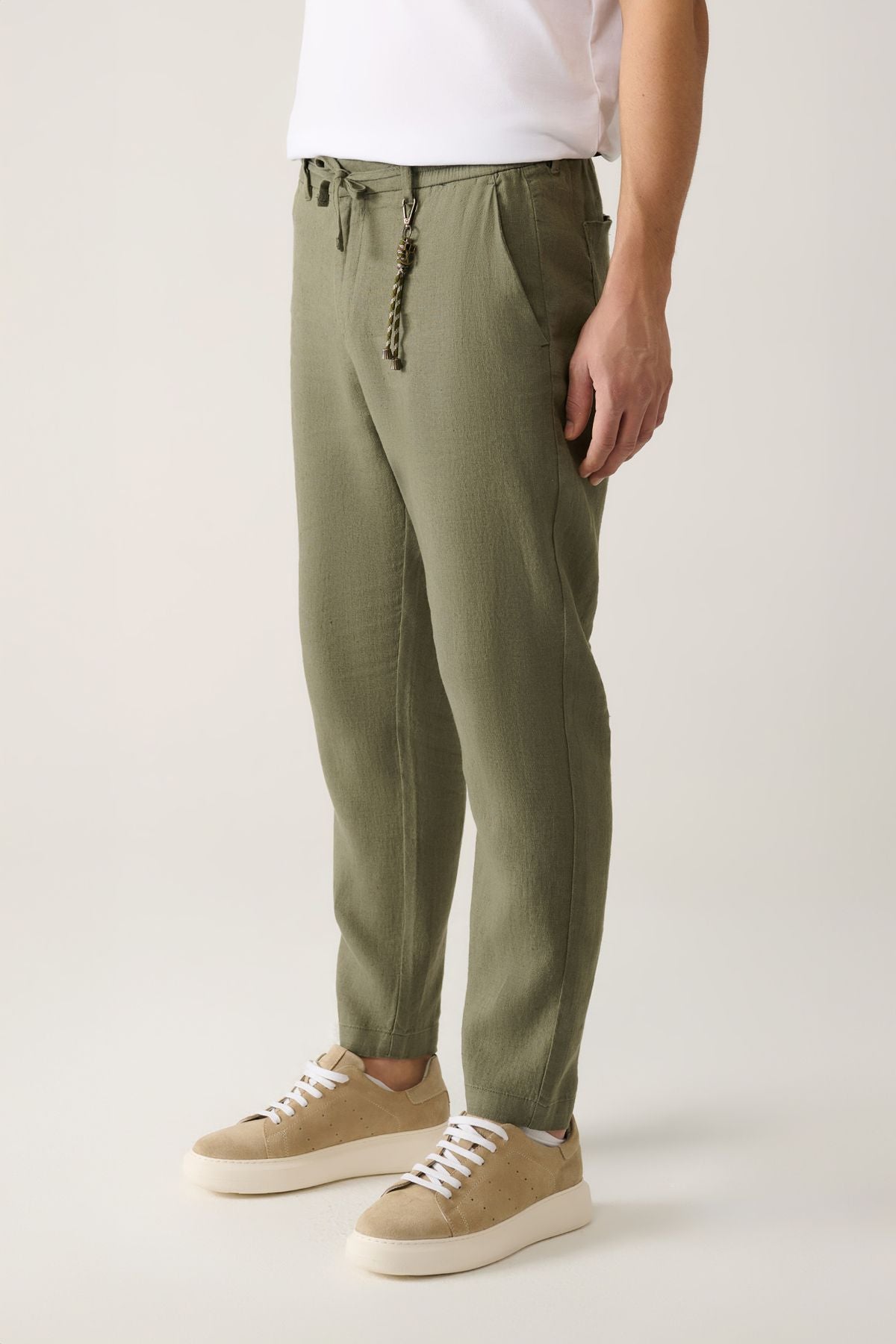 Men's Khaki Waist Waist Tire 100 %Linen Pants B003032