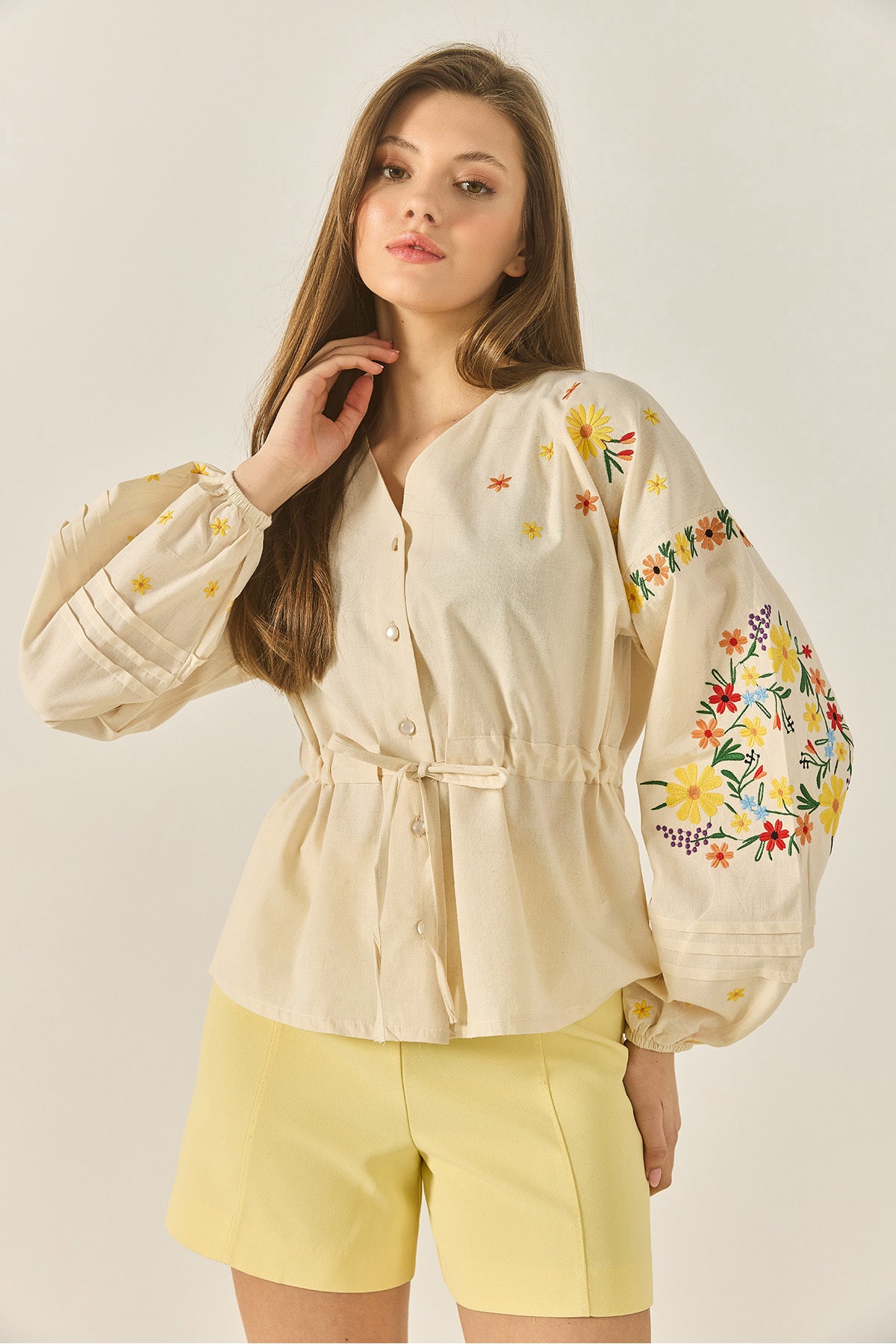 Women's V-Neck Embroidered Waist Tied Linen Shirt with Elastic Sleeves 2007 60283308