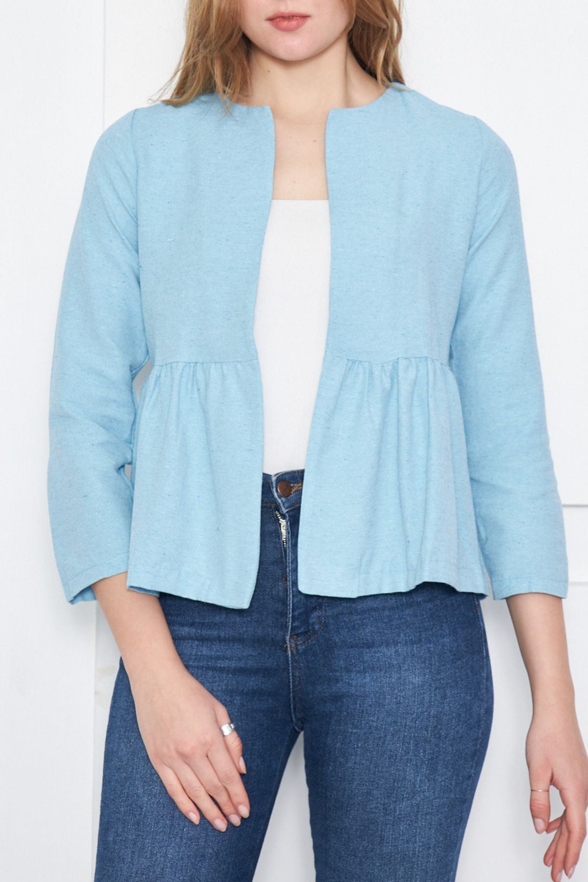 Woman Baby Blue Waist Shirred Jacket ARM-221034