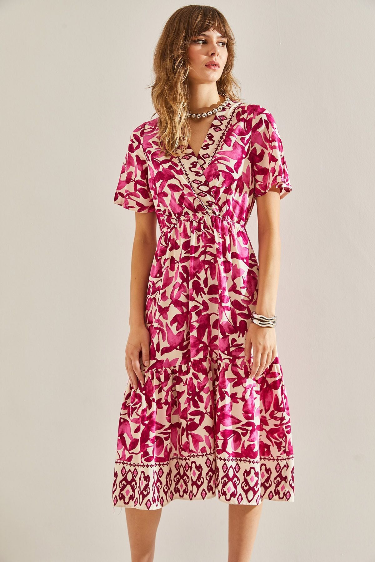 Women's Wrap Neck Waist Gathered Skirt Ruffle Detailed Dress 60251147