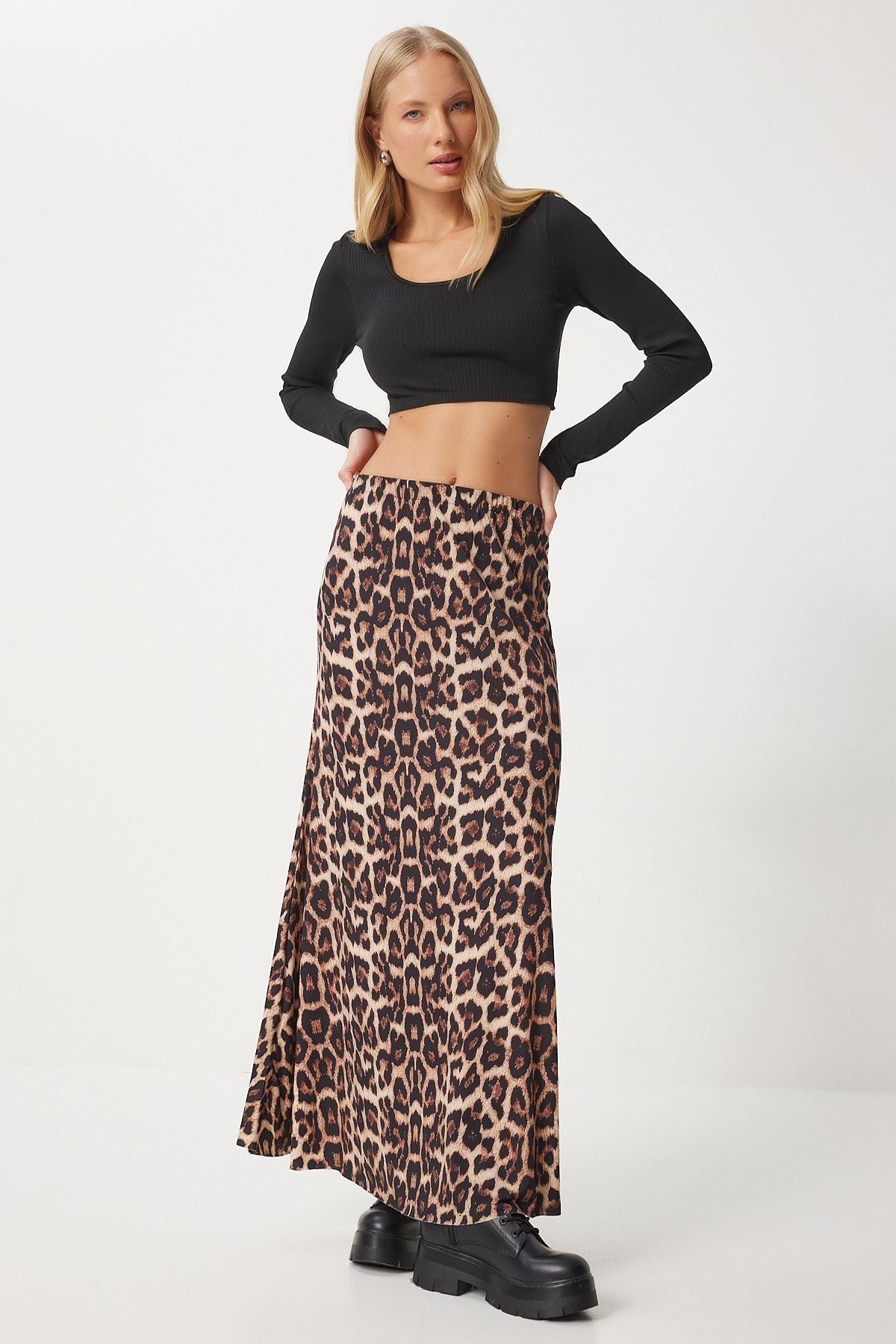 Women's black beige leopard patterned long weaving skirt RC00155