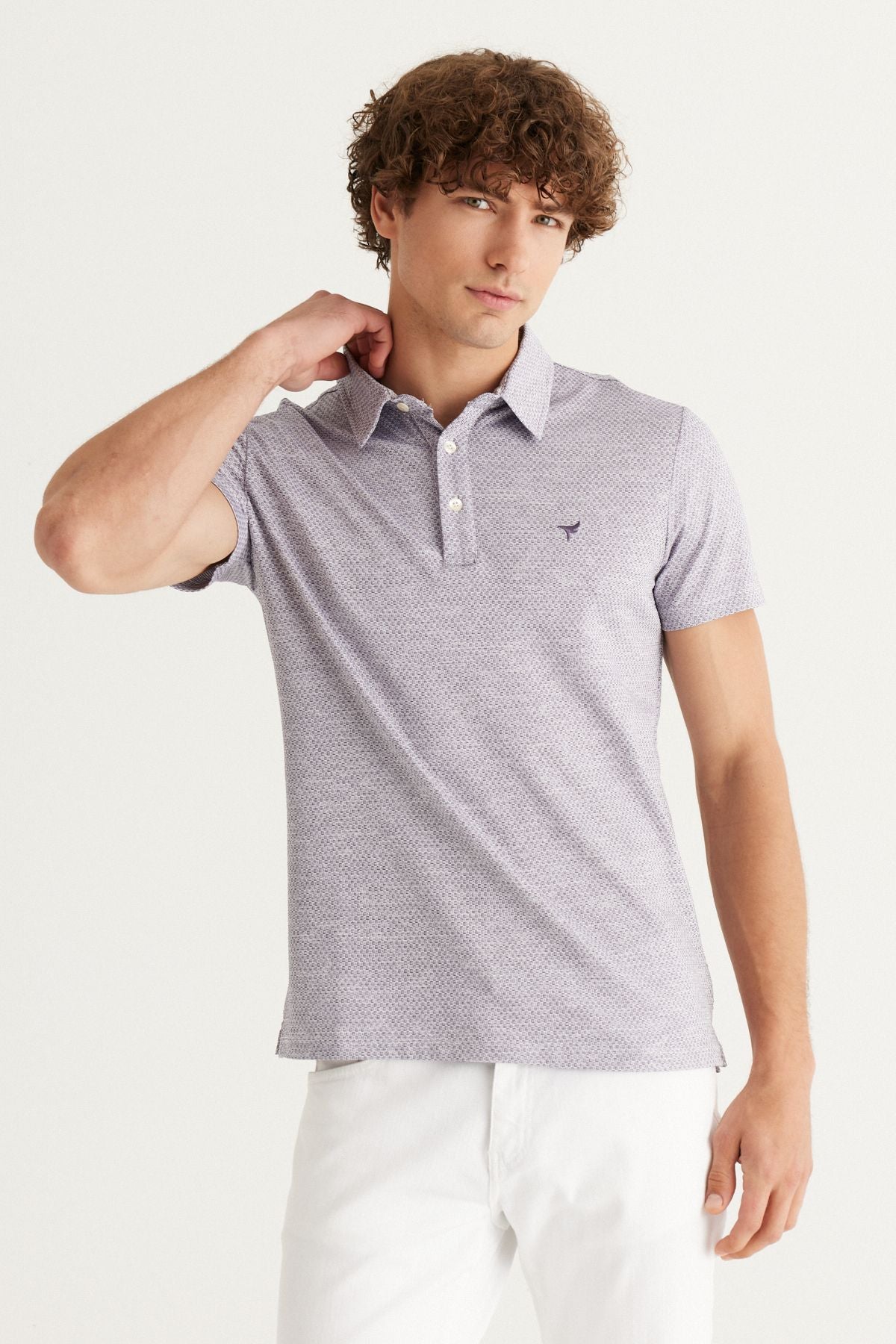 Men's purple-white easy-to-ironing slim fit narrow cut polo collar short sleeve jacquard t-shirt