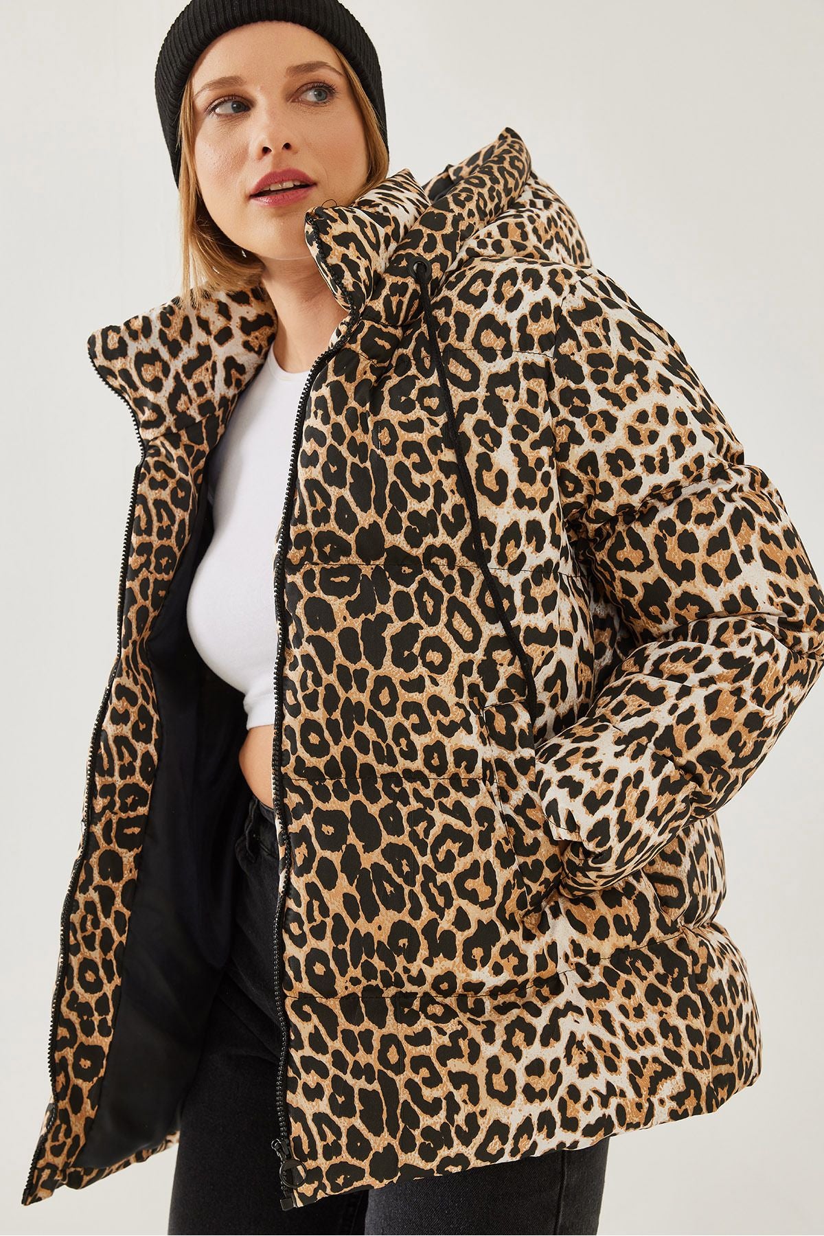 Female Honeycomb Laccik Leopard Patterned Swelling Coat 2482 60351224