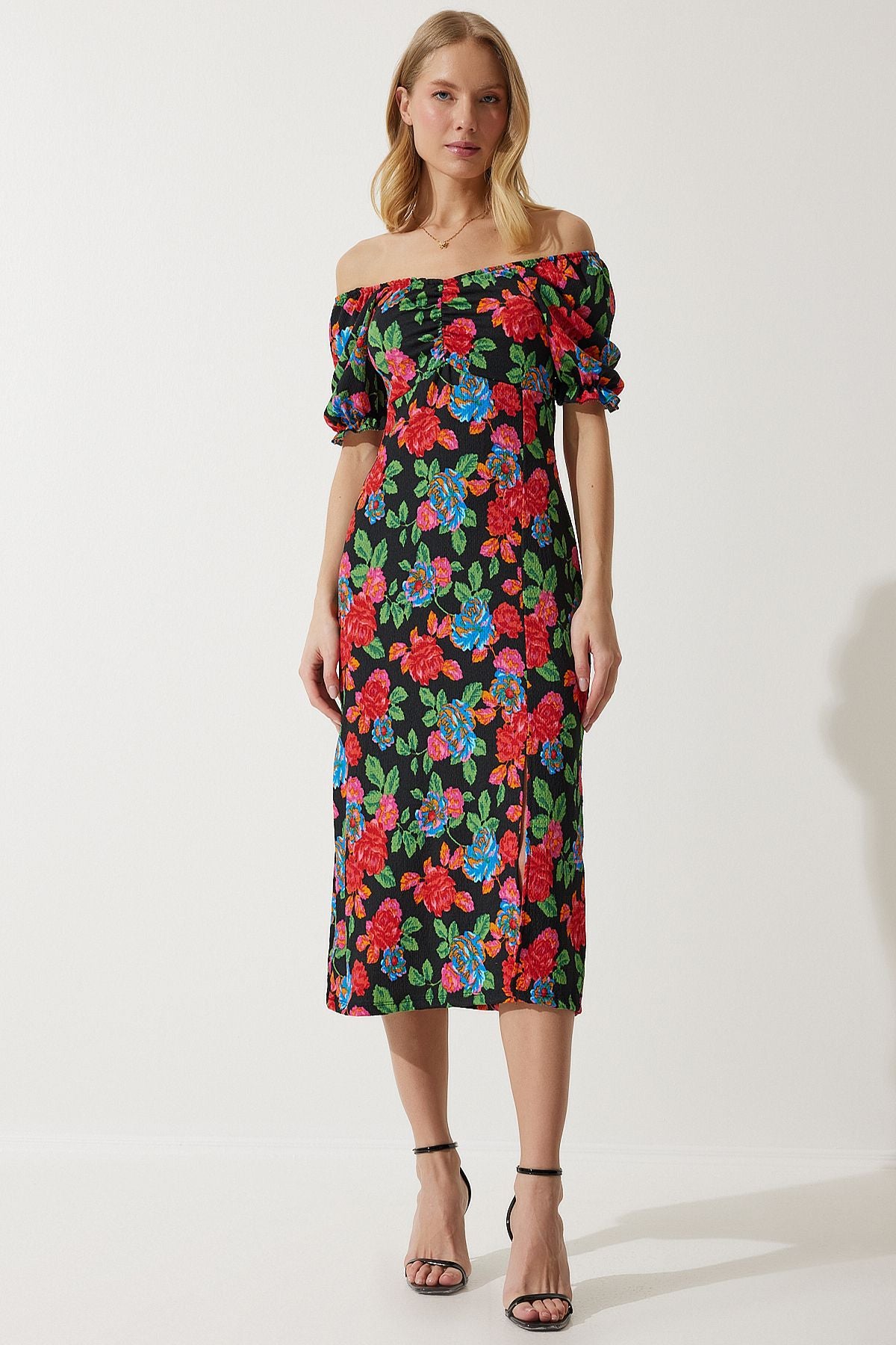 Woman Red Elastic Carmen Yaka Summer Viscose Dress MC00172