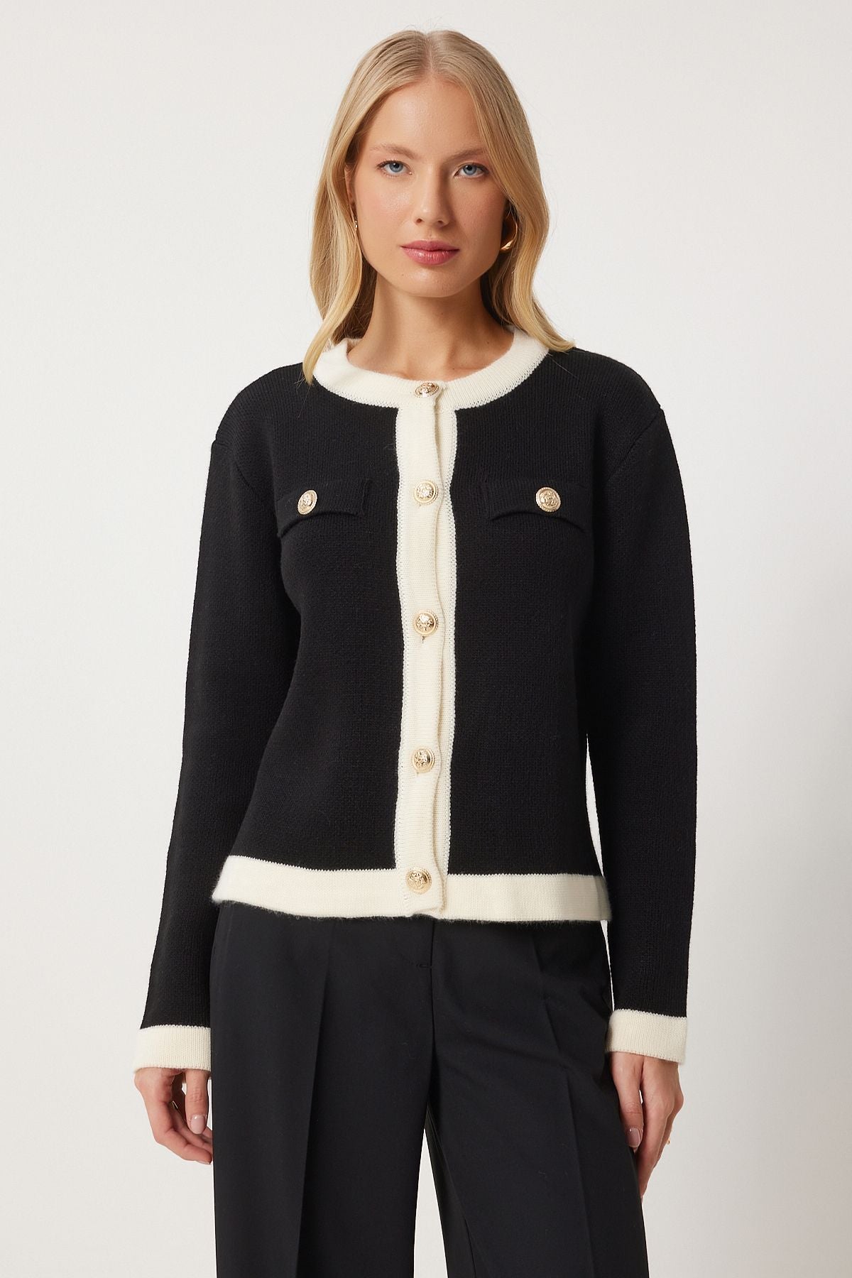 Women's black stylish button strip detailed knitwear cardigan pf00092