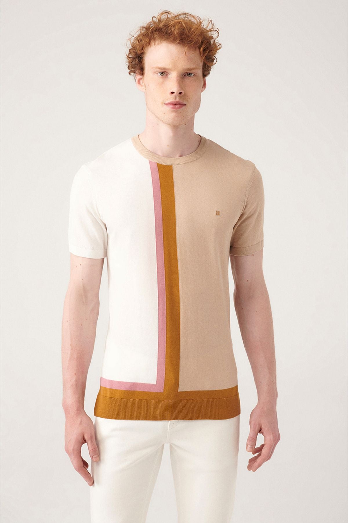 Men's Beige Bike Collar Color Bloc Triko T-Shirt A31y5019