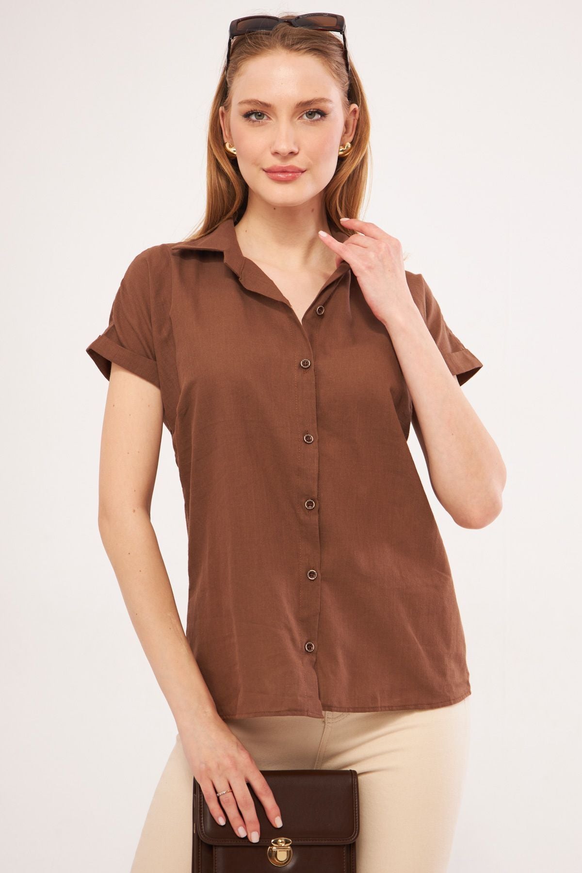 Woman Coffee Short Sleeve Linen Shirt ARM-24Y001038