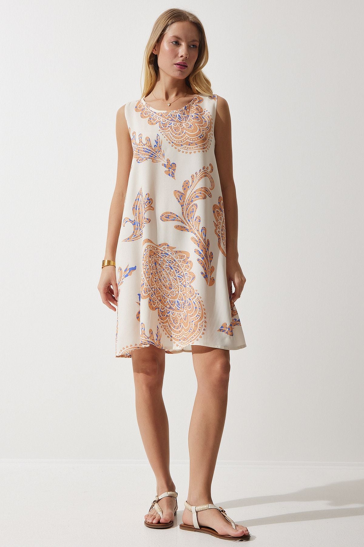 Women's Cream Peach Patterned Linen Viscose Mini Dress BH00343