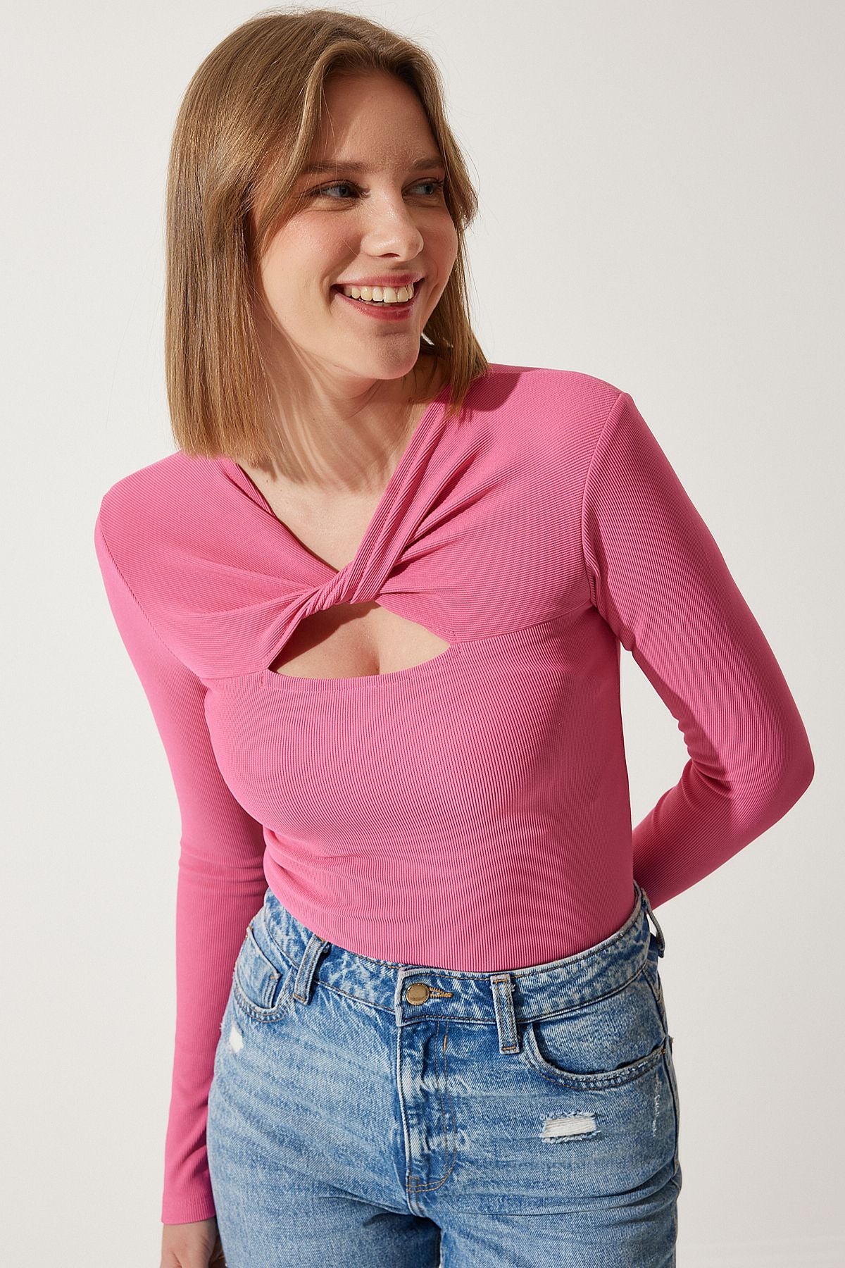 Woman Pink Cut Out Detailed Wick Knitting Blouse SF00005