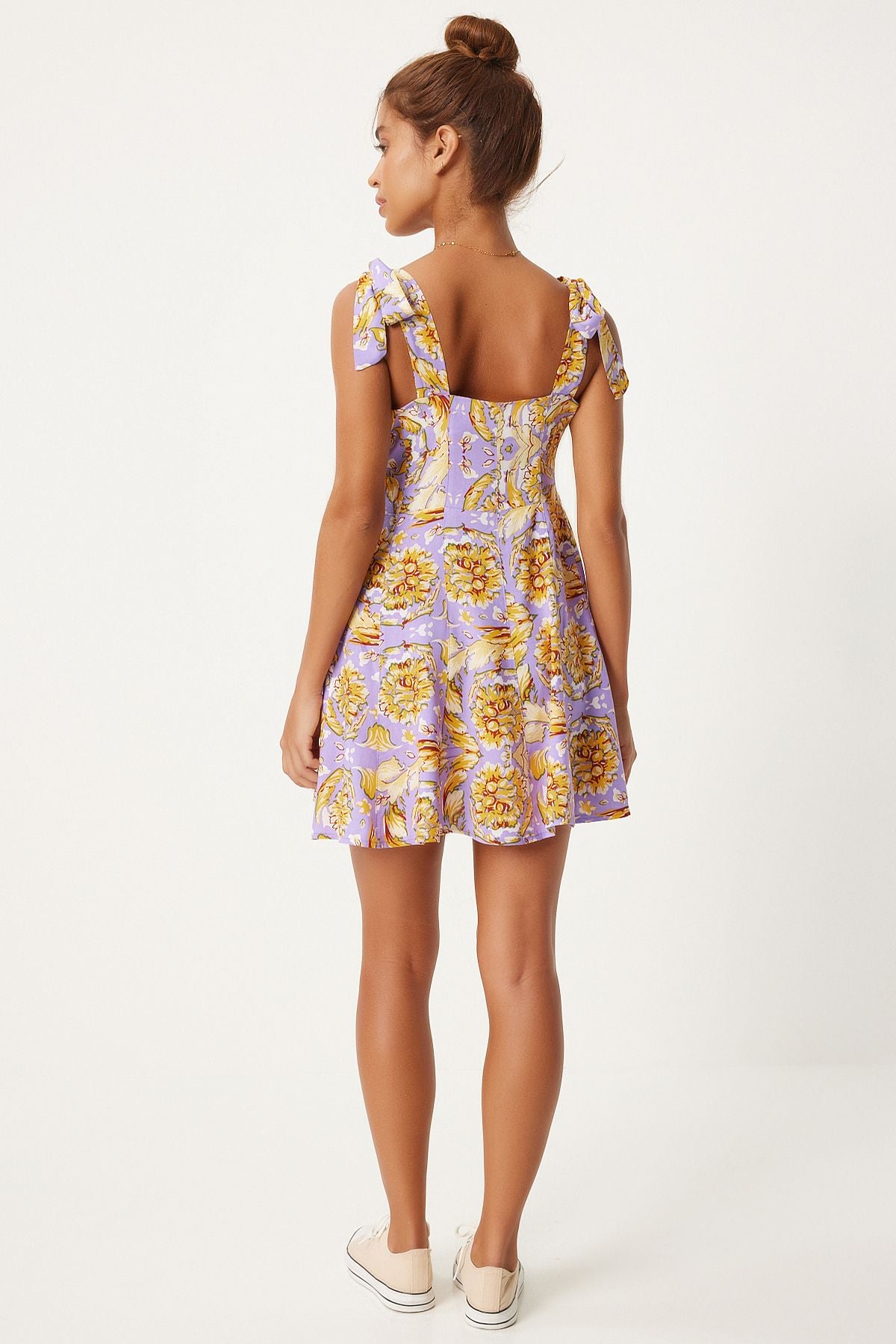Female Lilac Yellow Thick Standed Patterned Summer Mini Viscose Dress FN03238
