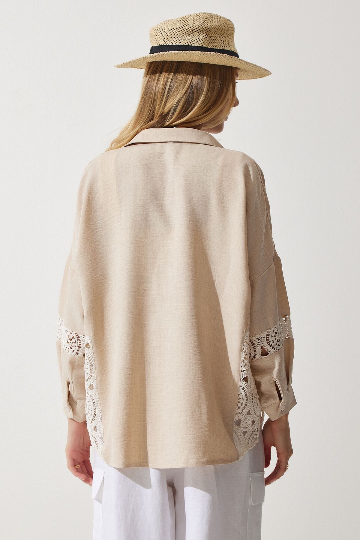 Female Beige Lace Detail Linen Shirt TP00031