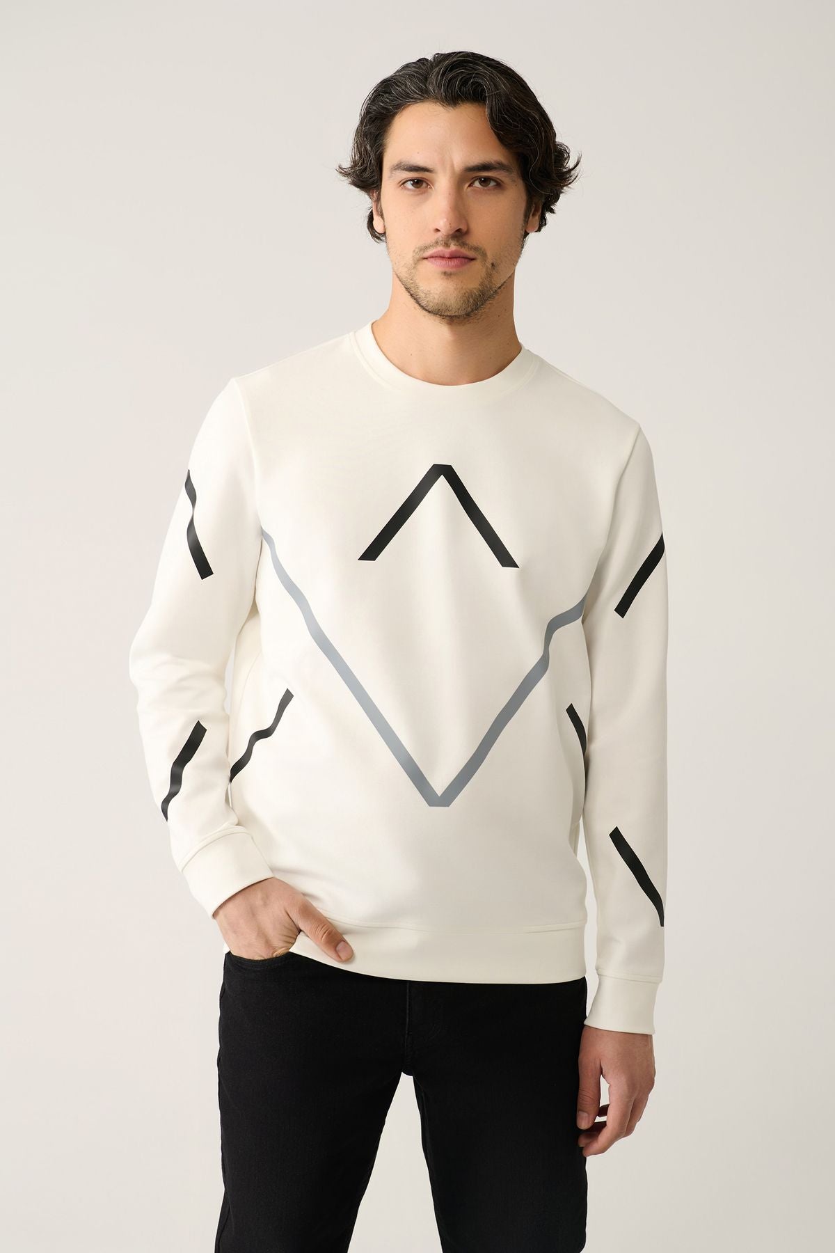 Men's White Bicycle Collar Printed Interlok Sweatshirt A41y1119