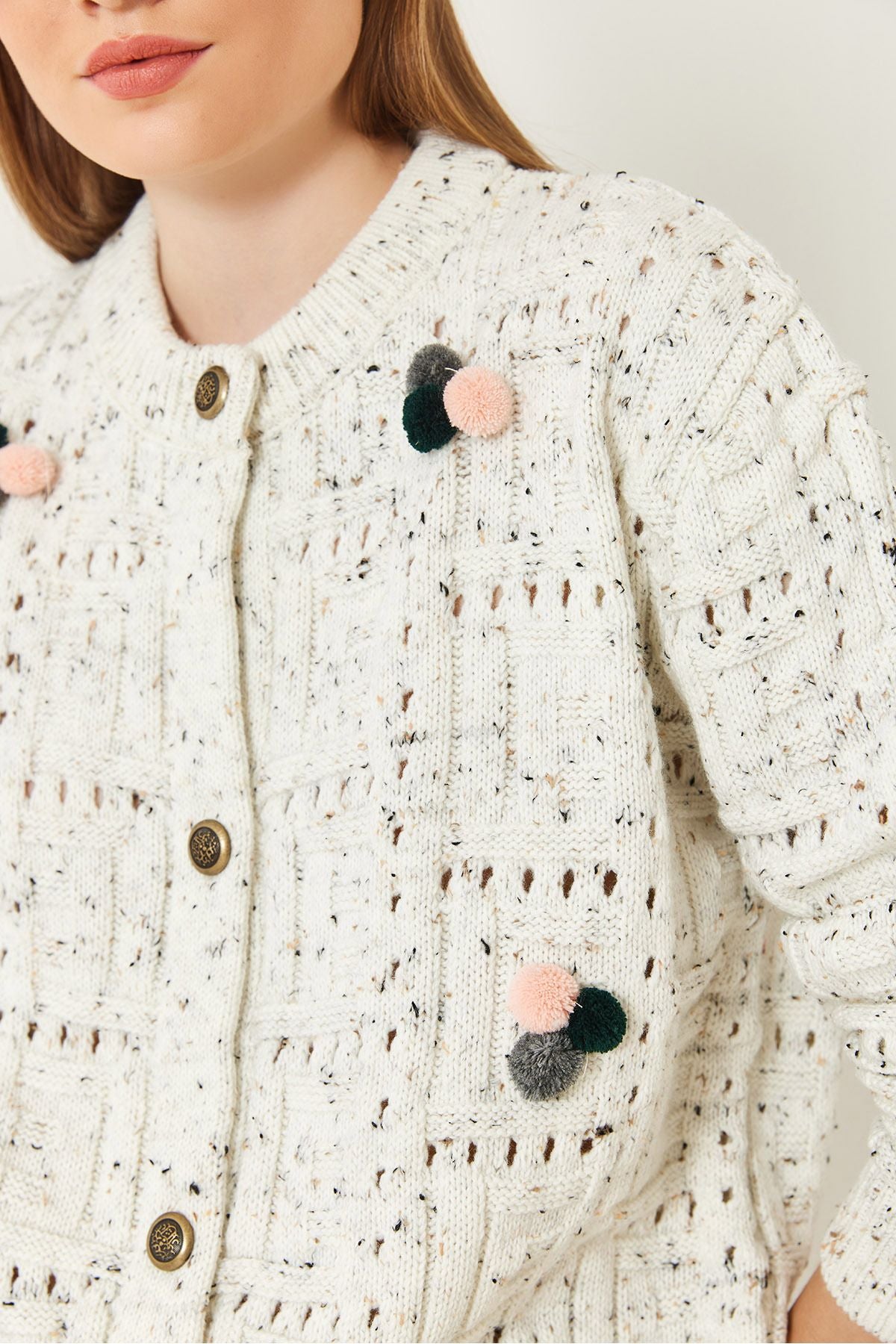 Female pompom patterned knitwear cardigan 20246270