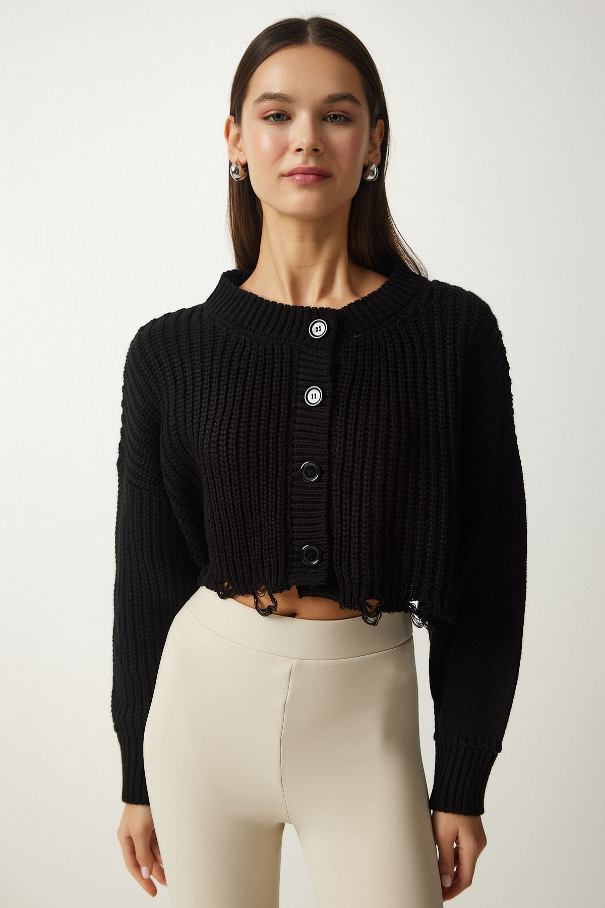 Female Black Roofed Crop Knitwear Cardigo PF00054