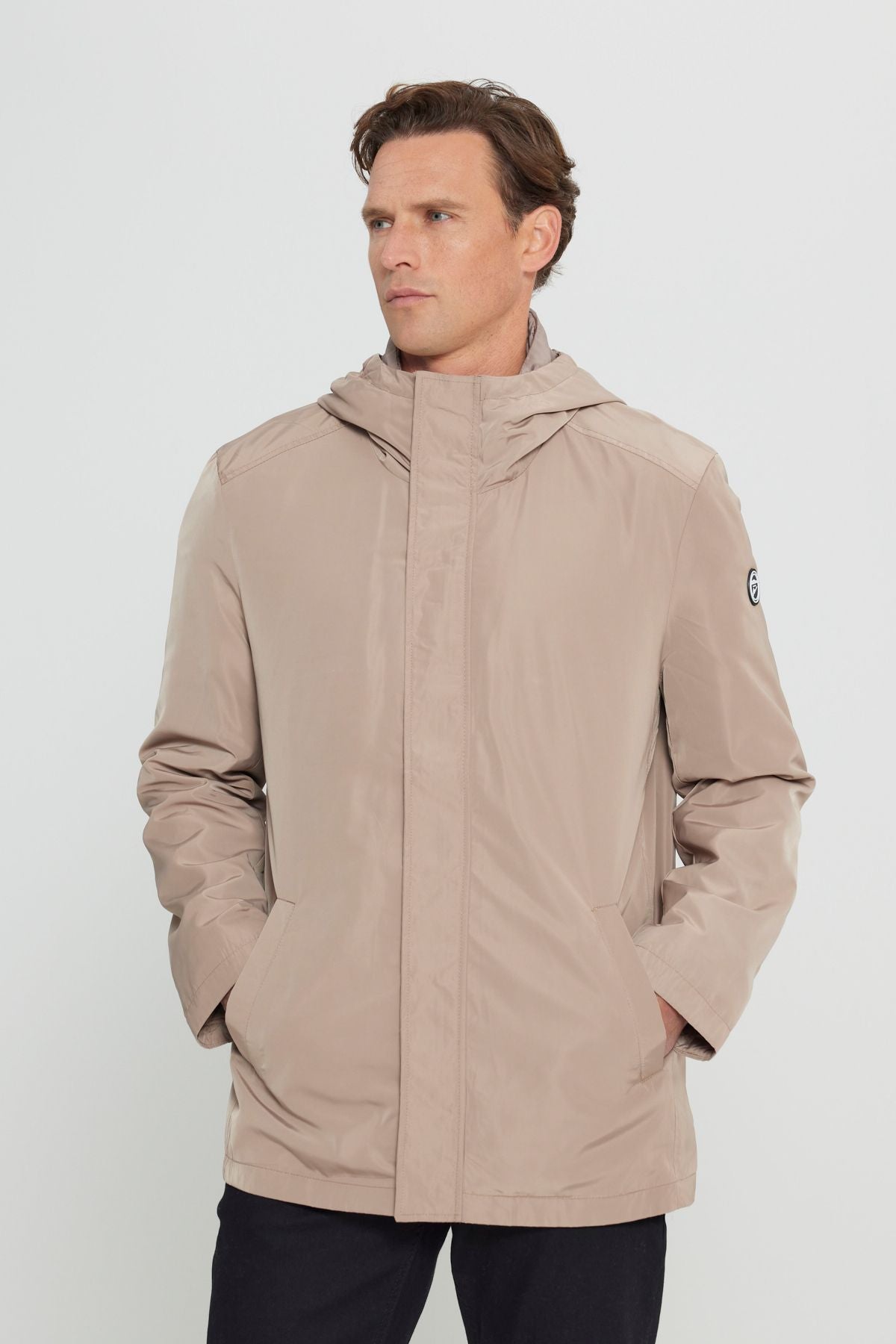 Men's mink standard fit normal cut windproof hooded upright collar coat trench coat