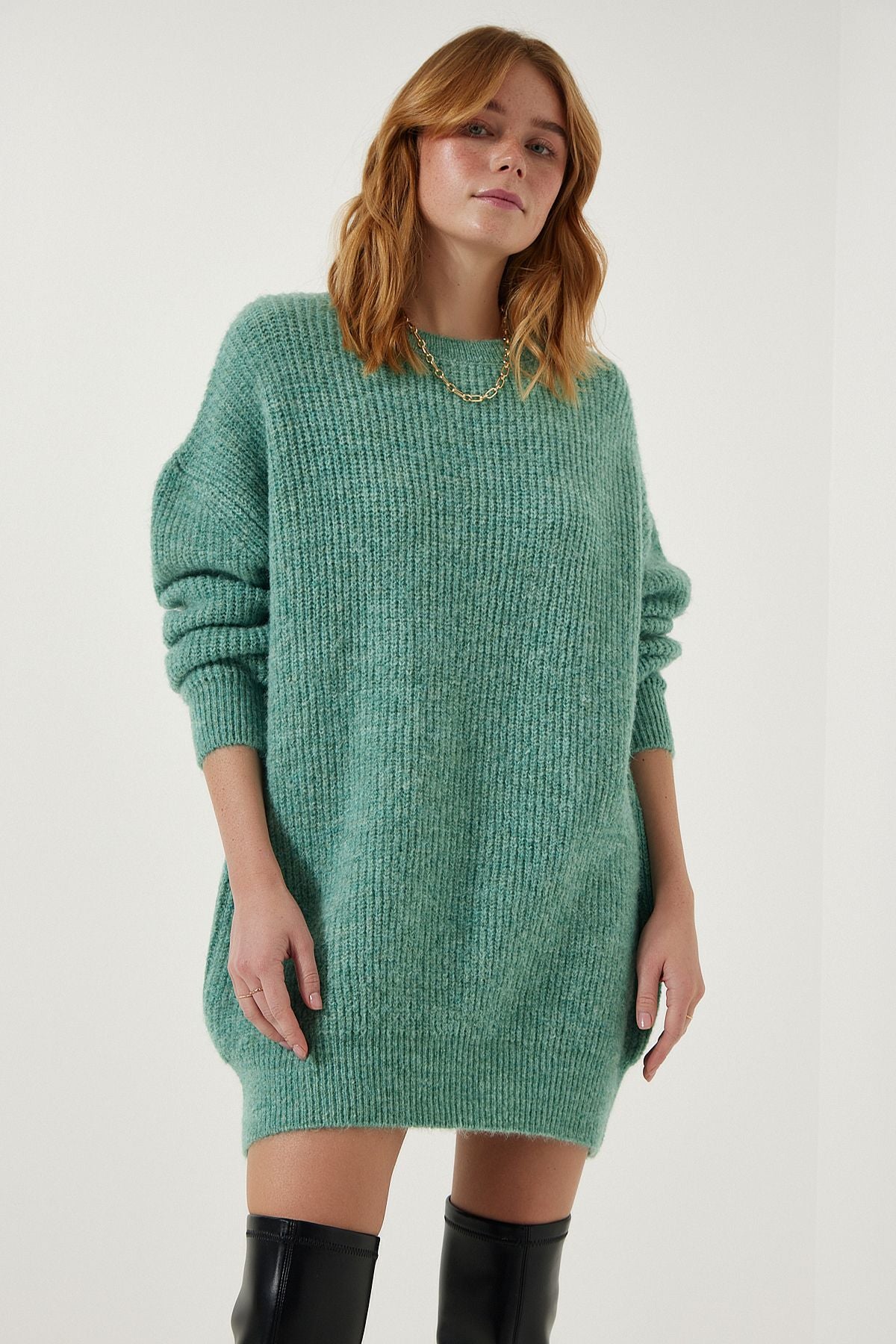 Woman Water Green Oversize Long Basic Knitwear Kazakh BV00099
