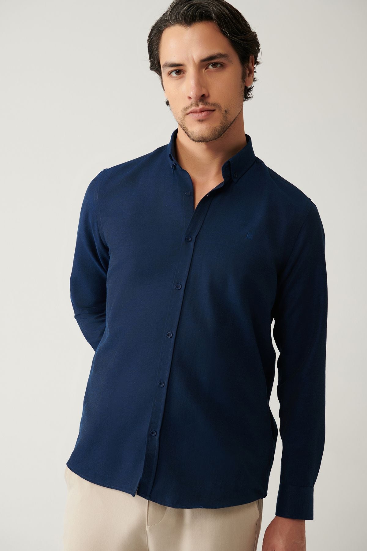 Men's navy blue button collar easily ironed cotton Oxford Shirt E002000