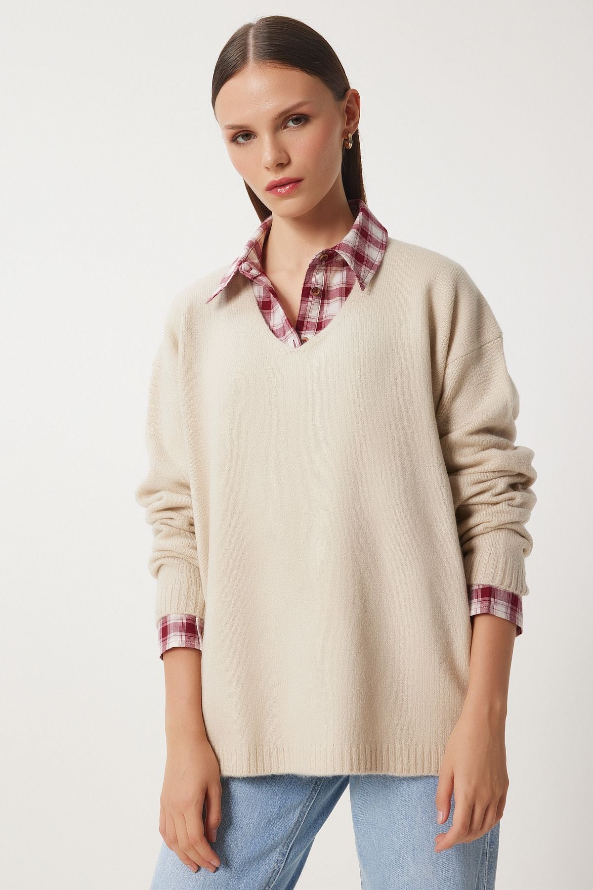 Female Beige V Yaka Knitwear Kazakh ZA00063