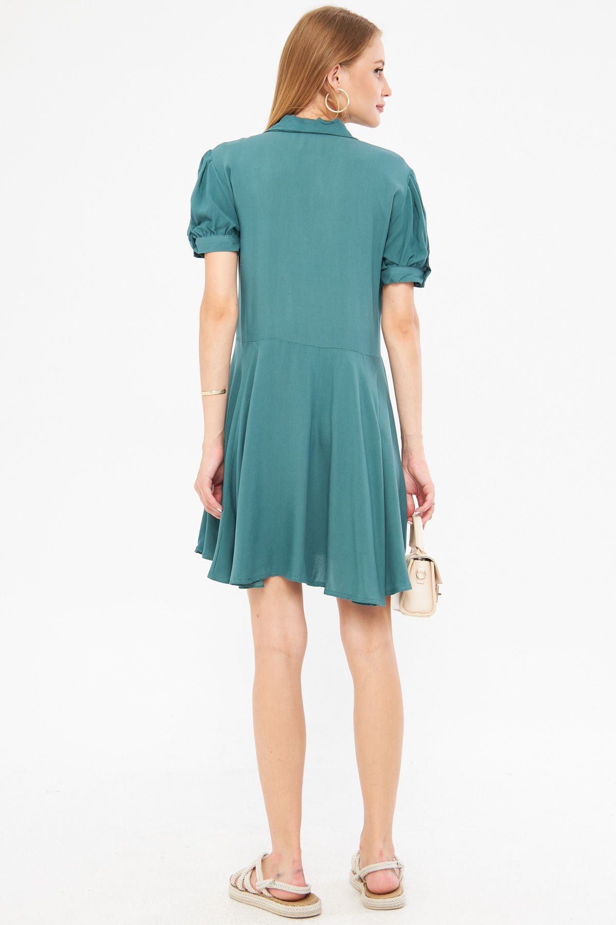 Female turquoise shirt collar handle slit detailed closh watermelon sleeve dress ARM-24Y001083