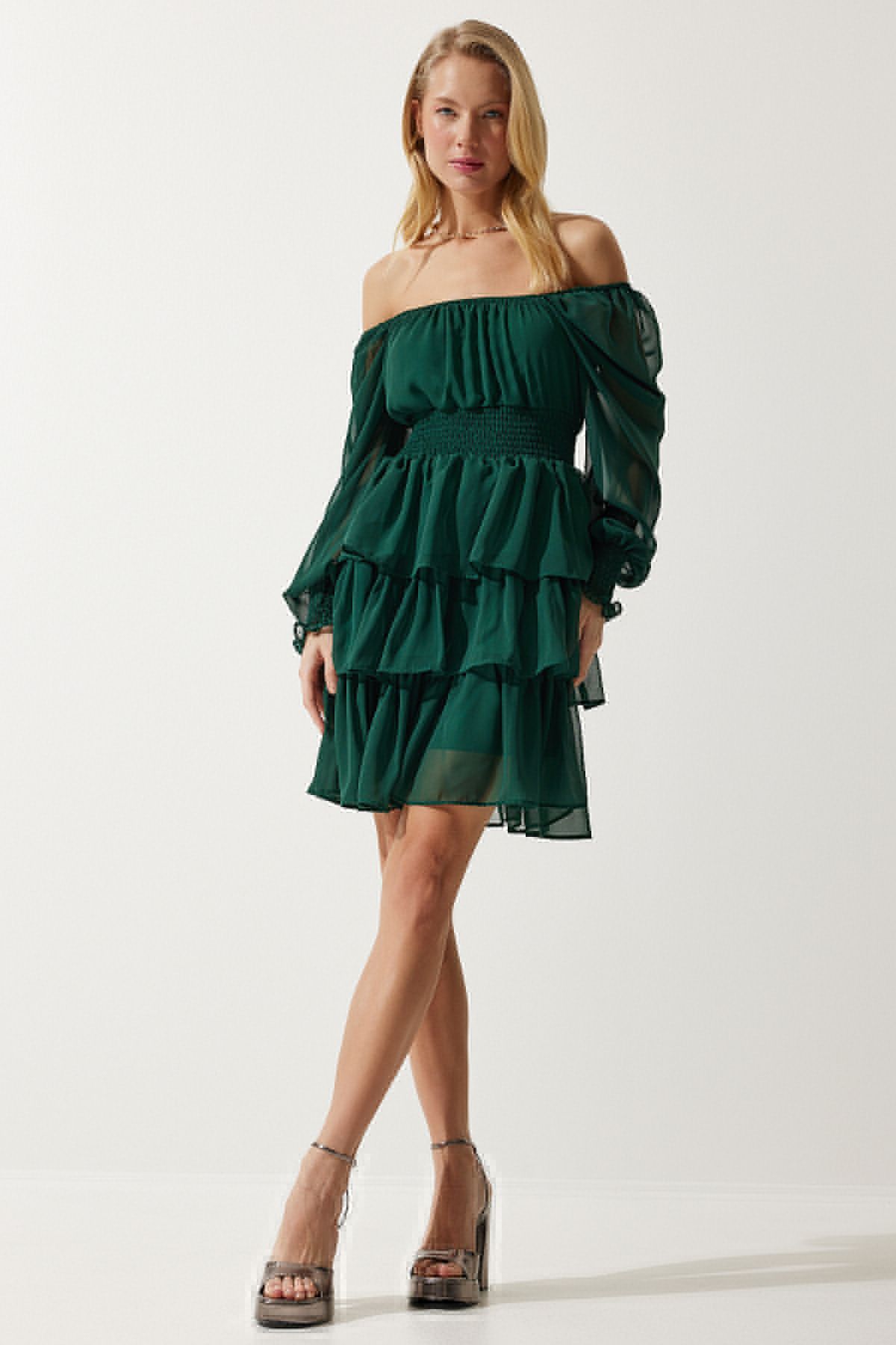 Female emerald green flywheel chiffon dress DK00168
