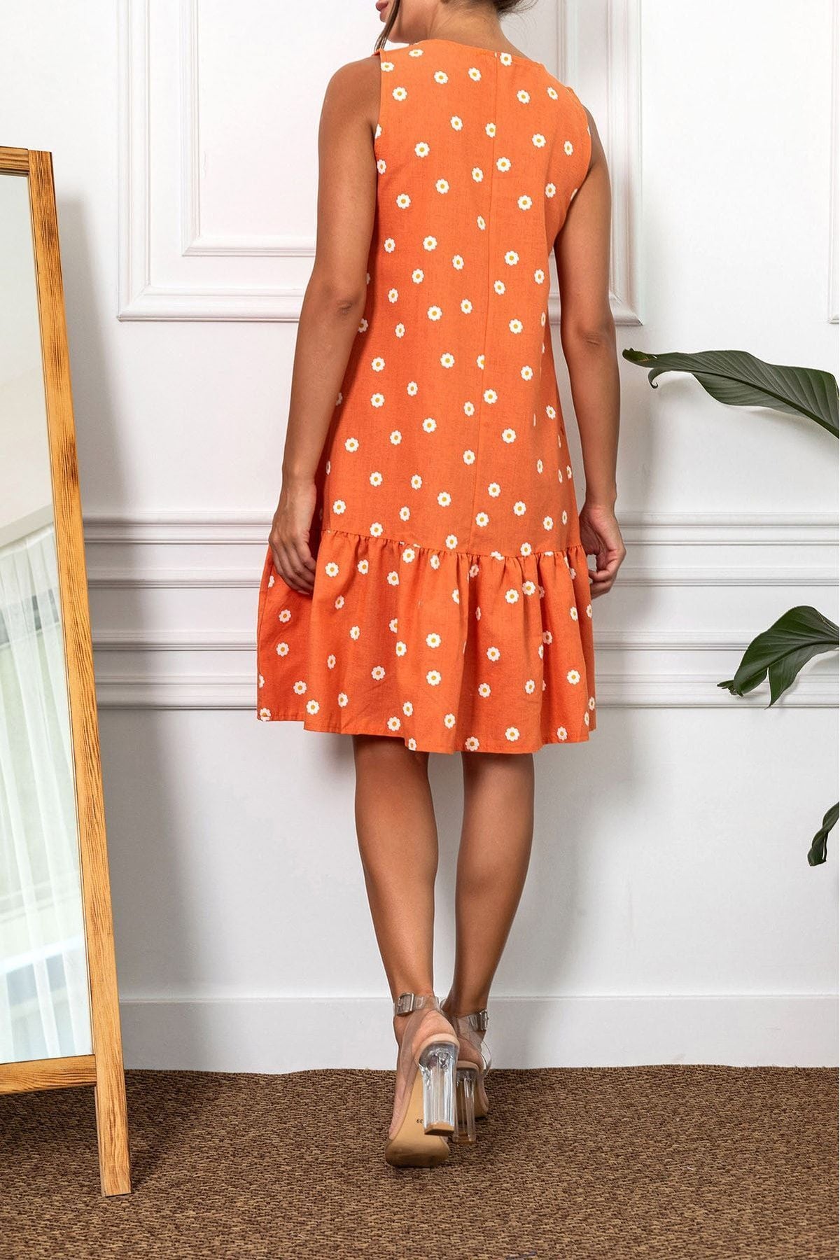 Women's Orange Daisy Pattern Sleeveless skirt frilled dress ARM-22Y001123