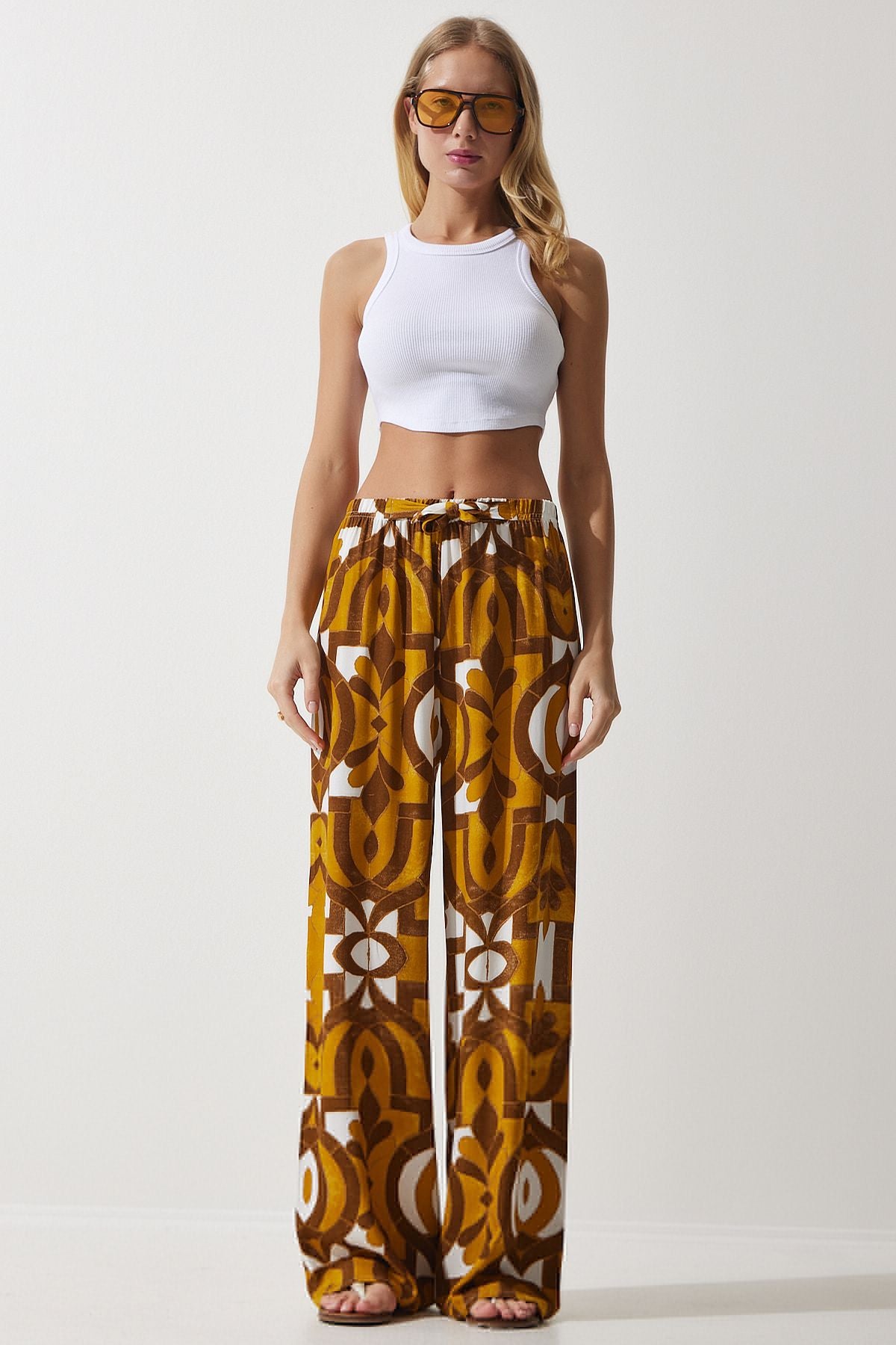 Female mustard patterned draped viscose palazzo pants EN00606